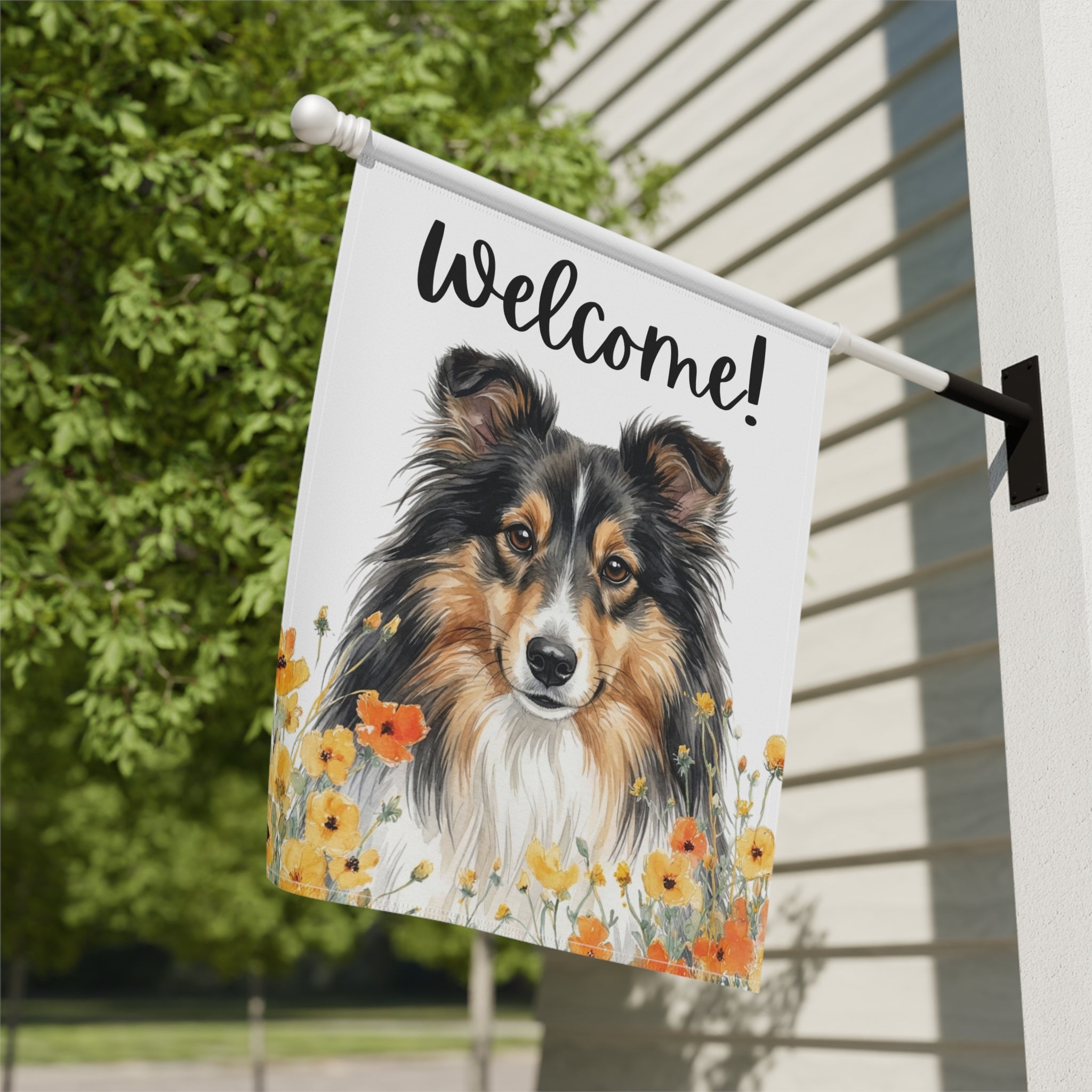 Yellow Poppies Sheltie Welcome Garden Flag - close-up detail - Dragonfire Gardens