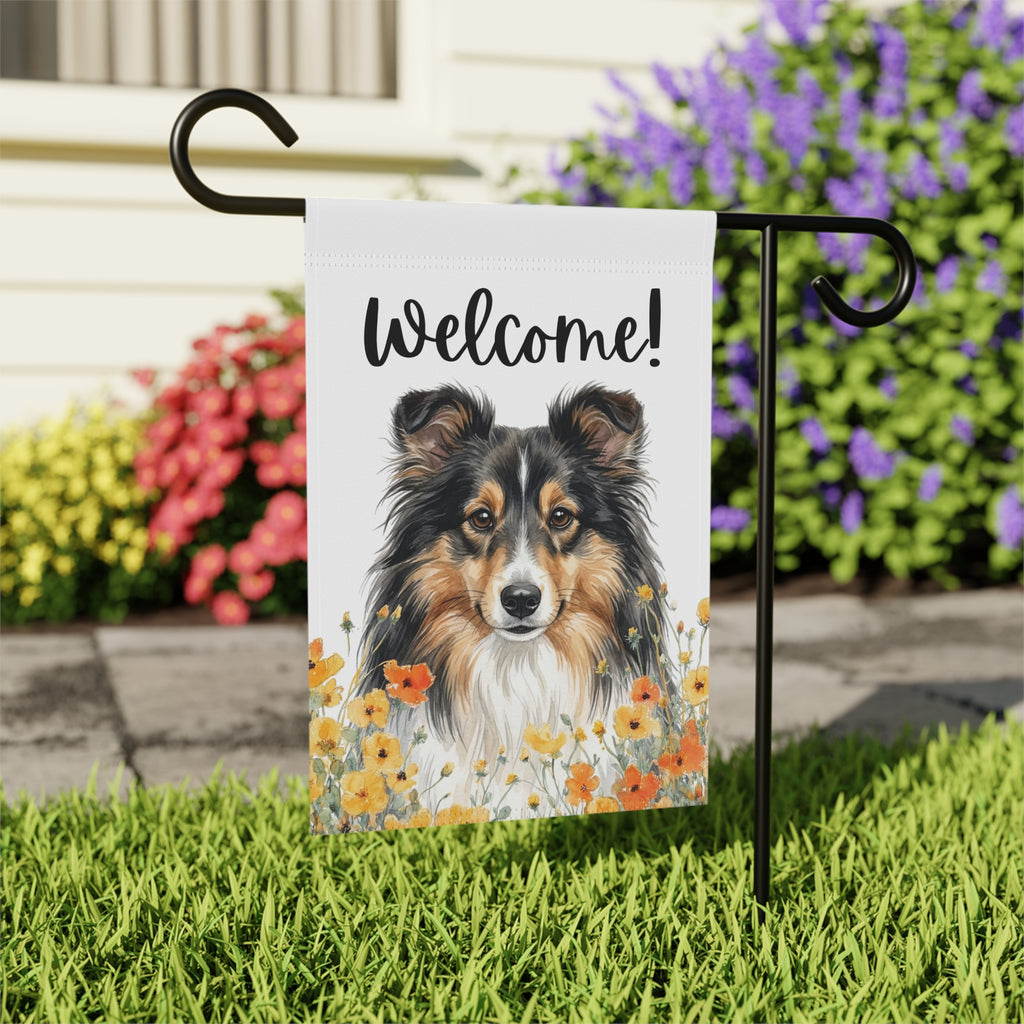 Yellow Poppies Sheltie Welcome Garden Flag - outdoor display - Dragonfire Gardens