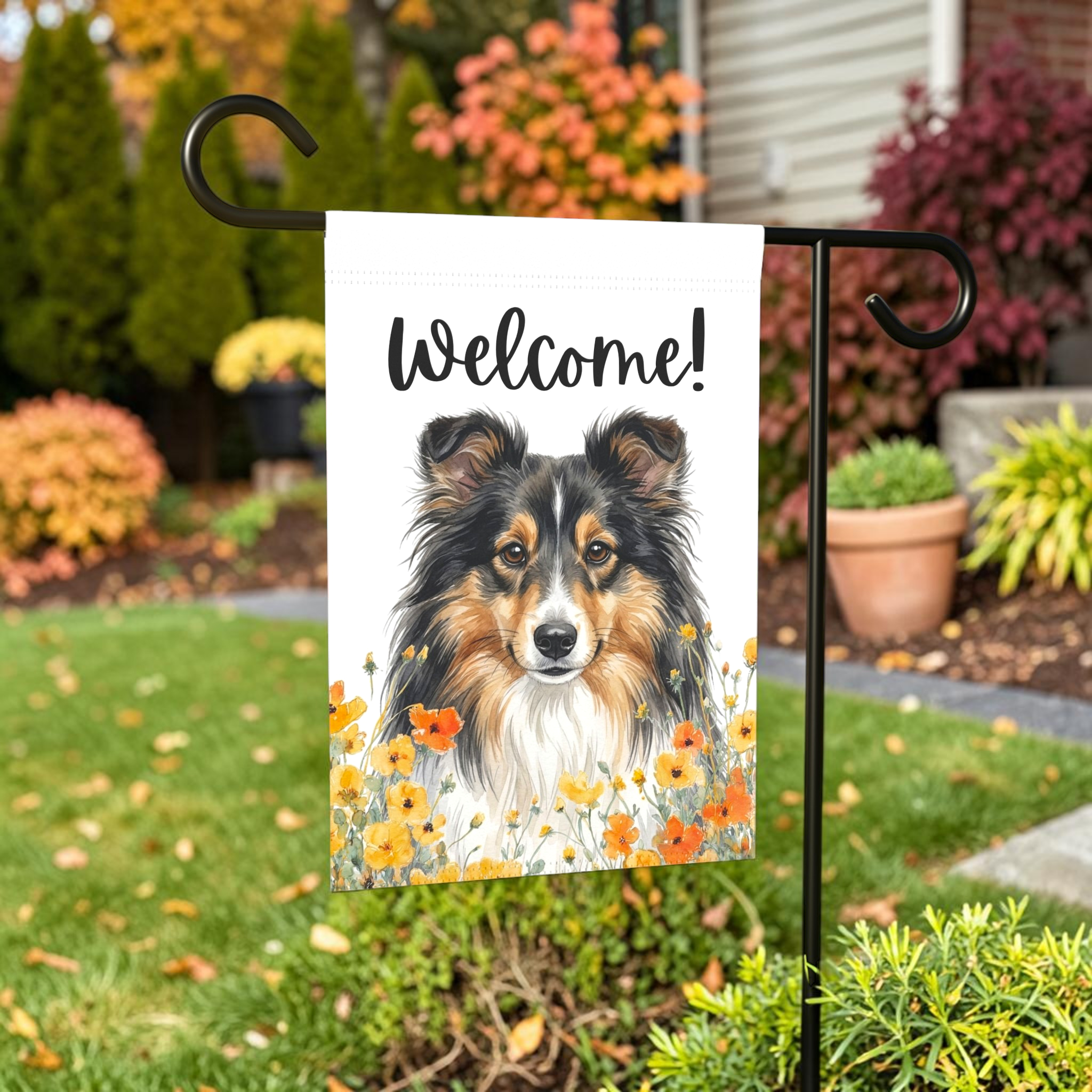 Yellow Poppies Sheltie Welcome Garden Flag - size comparison - Dragonfire Gardens