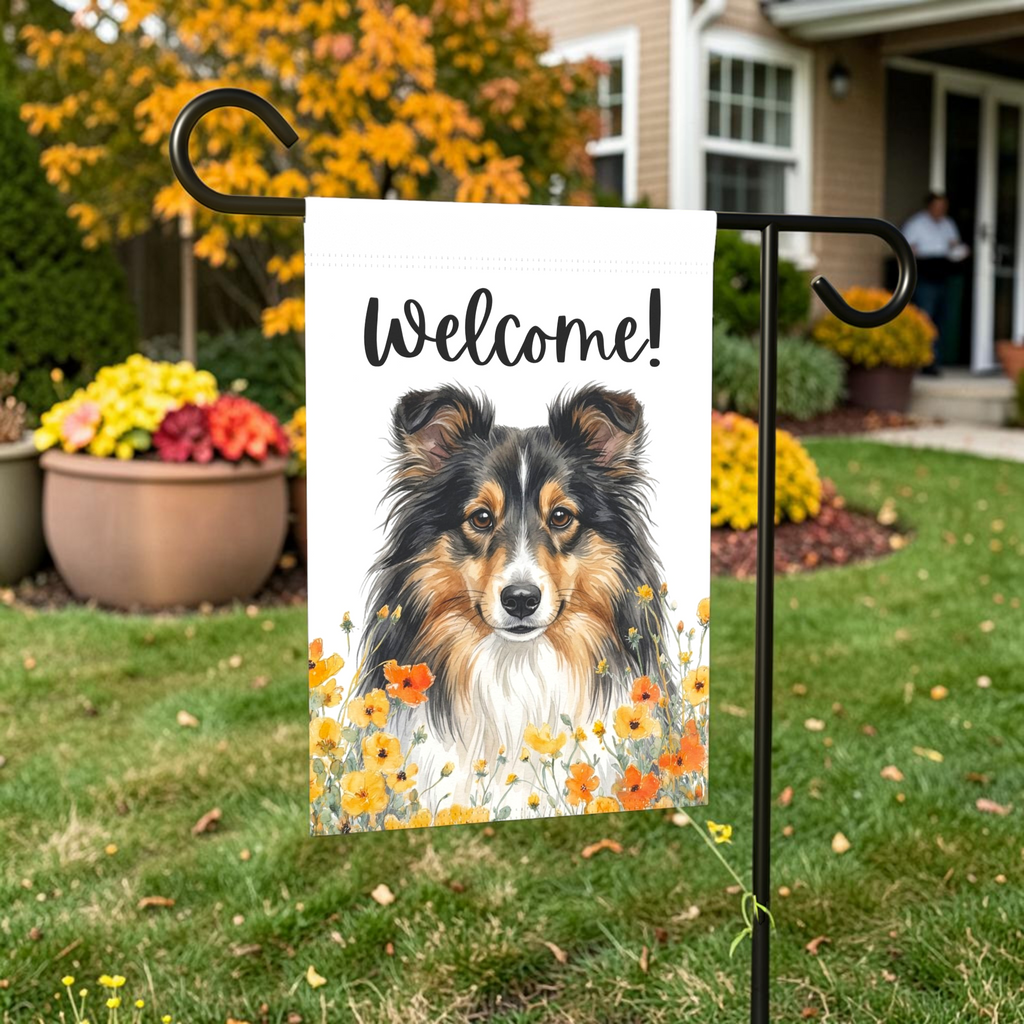 Yellow Poppies Sheltie Welcome Garden Flag - front view - Dragonfire Gardens