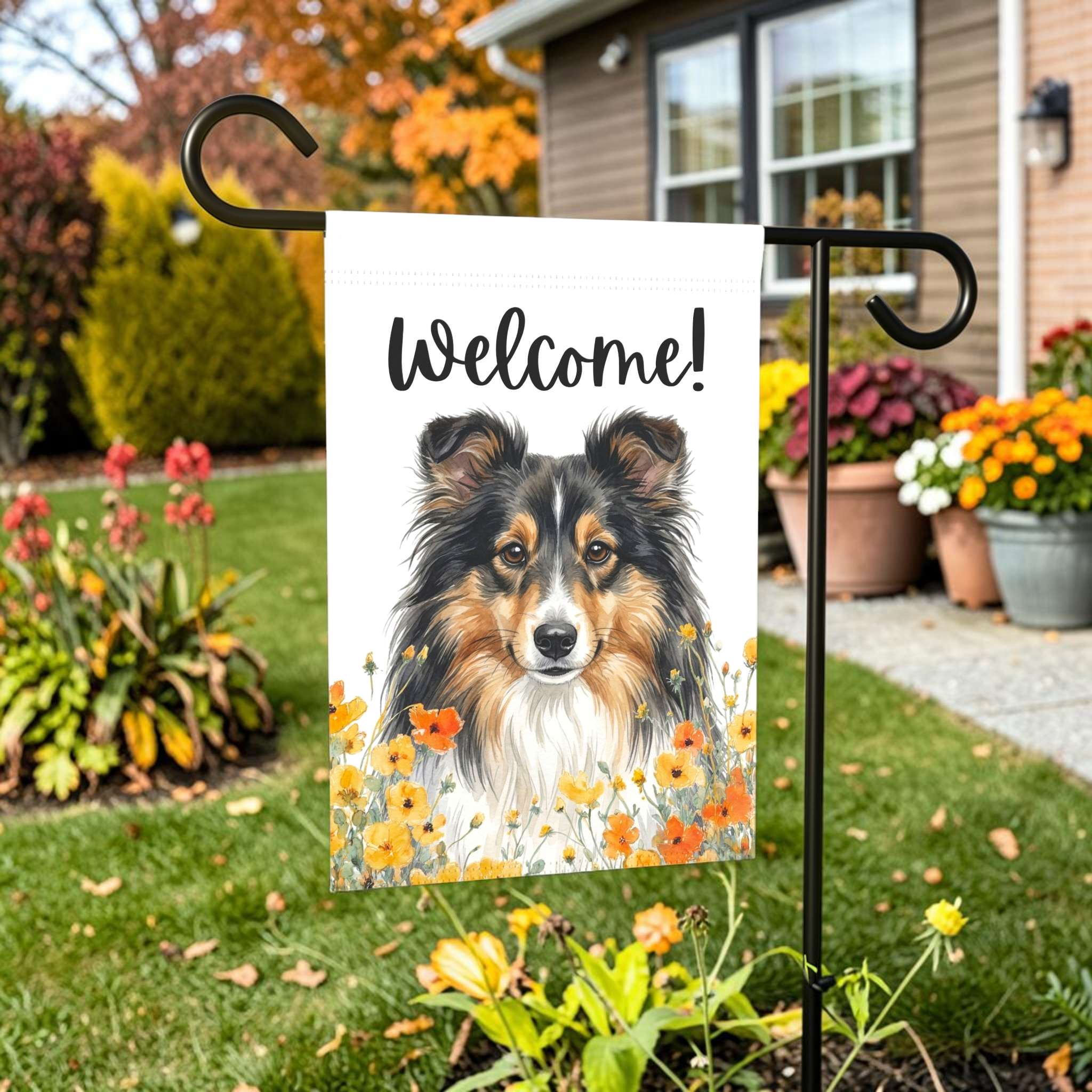 Yellow Poppies Sheltie Welcome Garden Flag - lifestyle display - Dragonfire Gardens