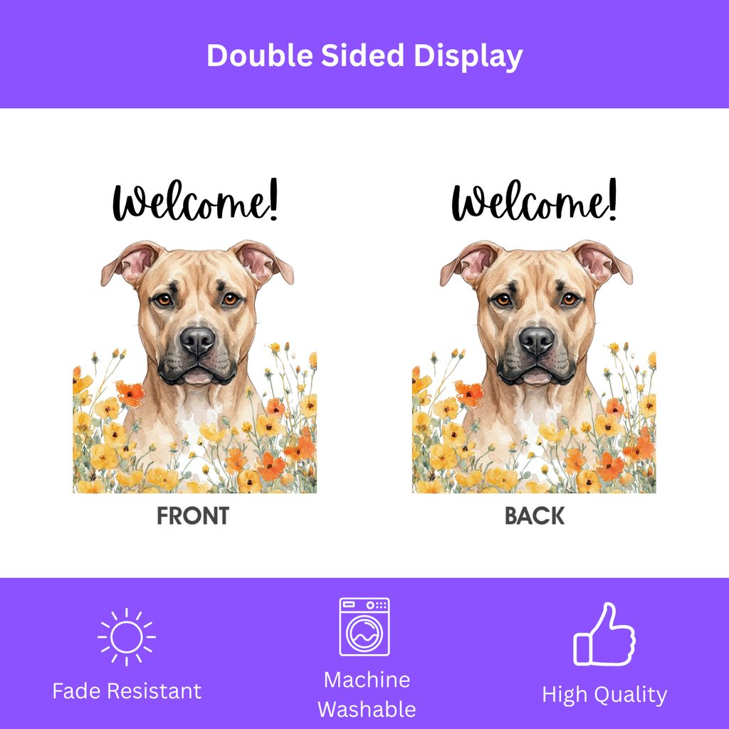 Yellow Poppies Fawn American Pitbull Terrier Welcome Garden Flag - double-sided design - Dragonfire Gardens