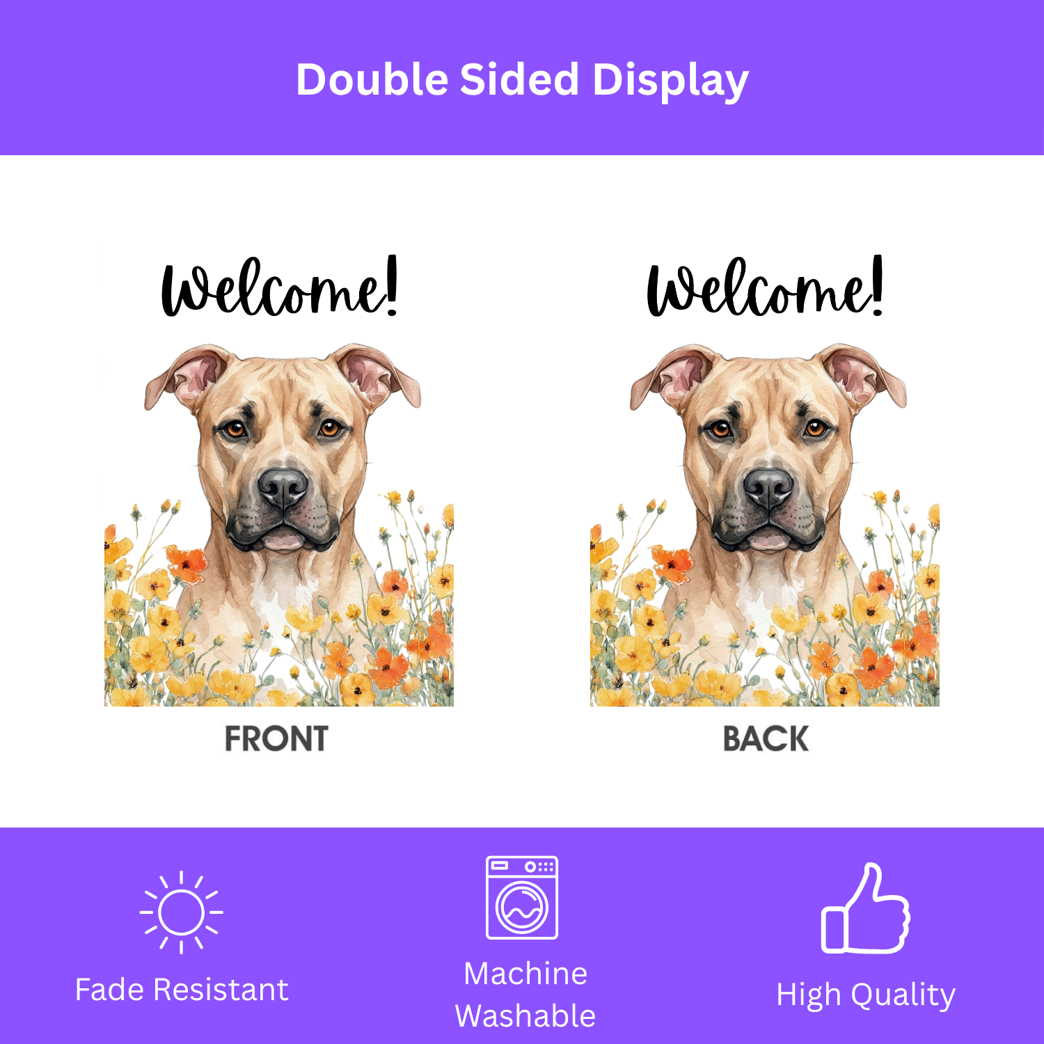 Yellow Poppies Fawn American Pitbull Terrier Welcome Garden Flag - double-sided design - Dragonfire Gardens