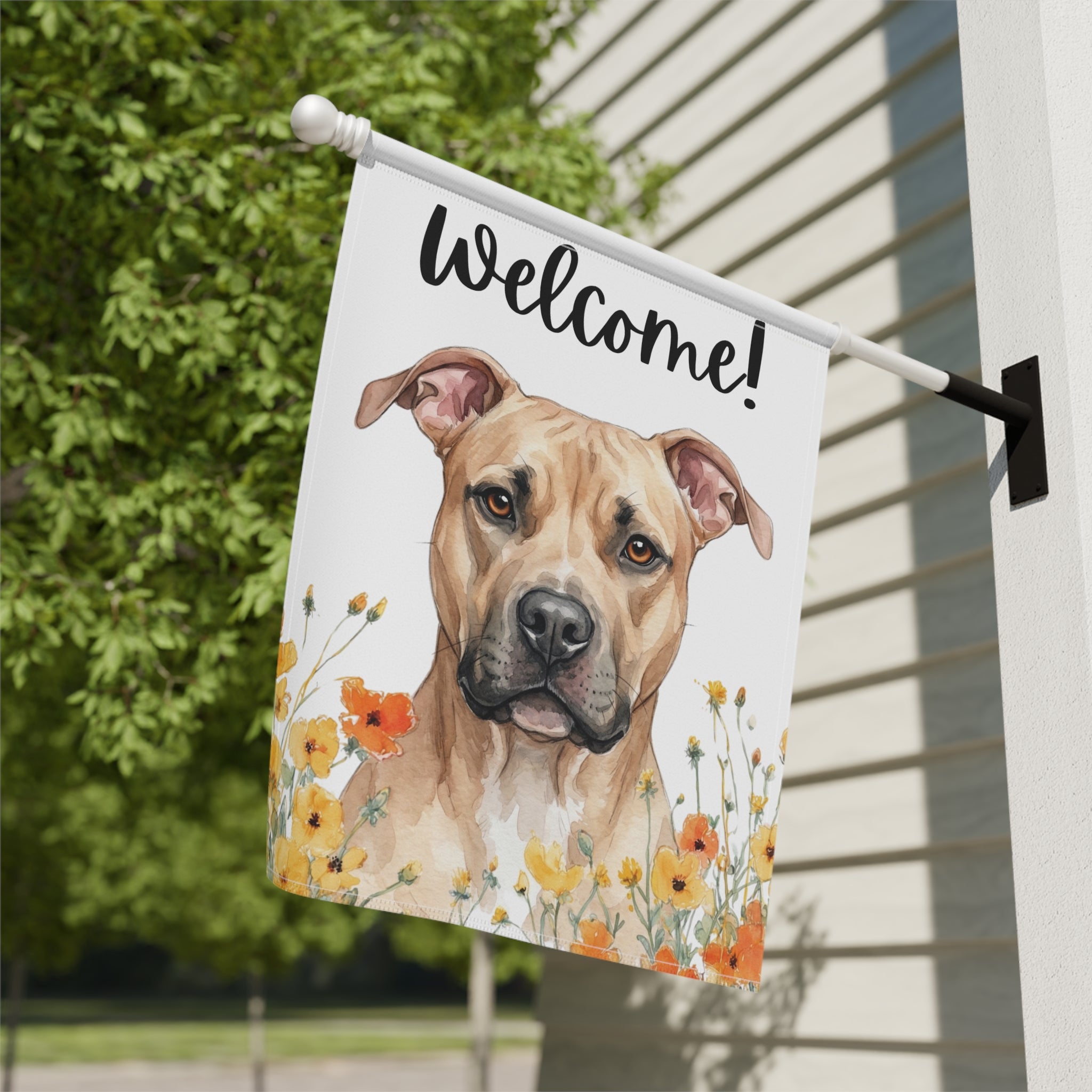 Yellow Poppies Fawn American Pitbull Terrier Welcome Garden Flag - close-up detail - Dragonfire Gardens
