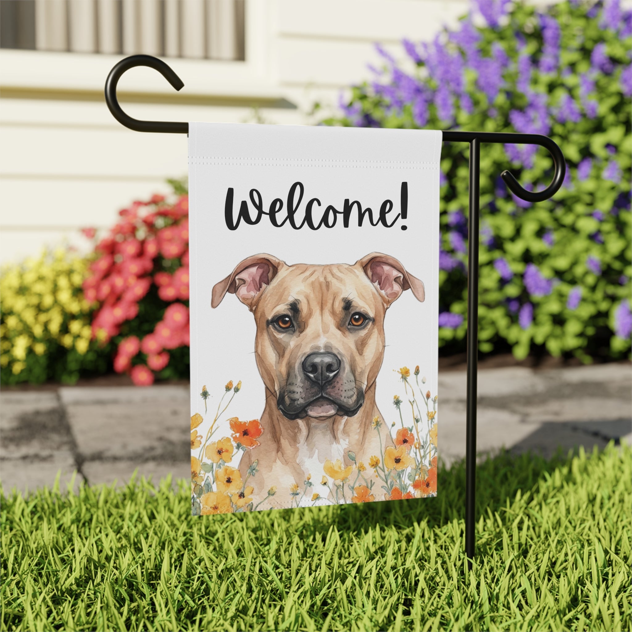 Yellow Poppies Fawn American Pitbull Terrier Welcome Garden Flag - outdoor display - Dragonfire Gardens