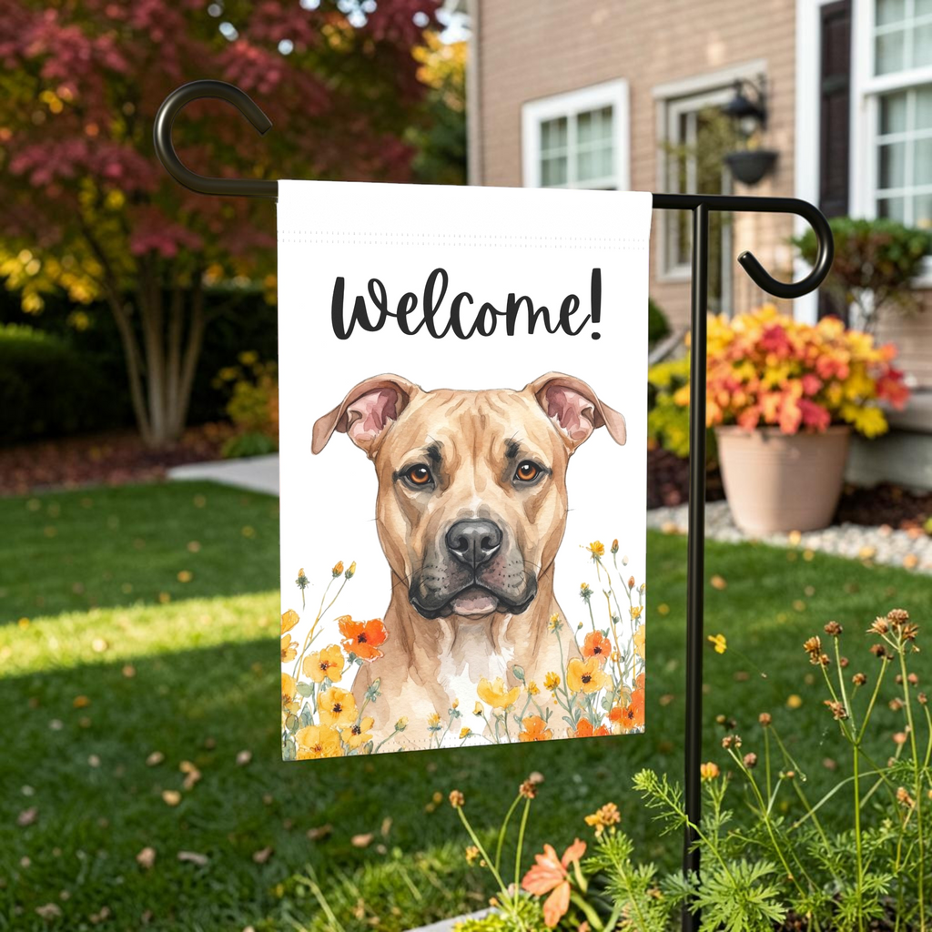 Yellow Poppies Fawn American Pitbull Terrier Welcome Garden Flag - front view - Dragonfire Gardens