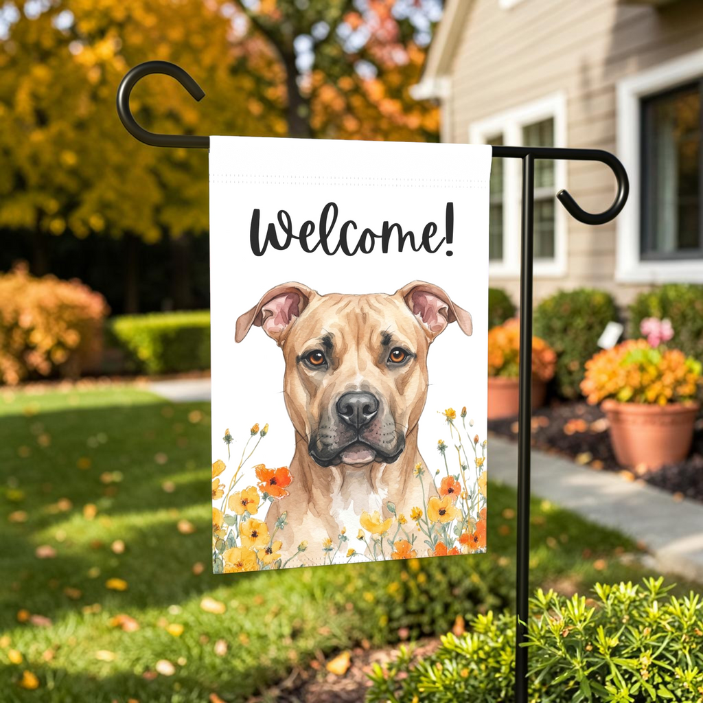 Yellow Poppies Fawn American Pitbull Terrier Welcome Garden Flag - size comparison - Dragonfire Gardens