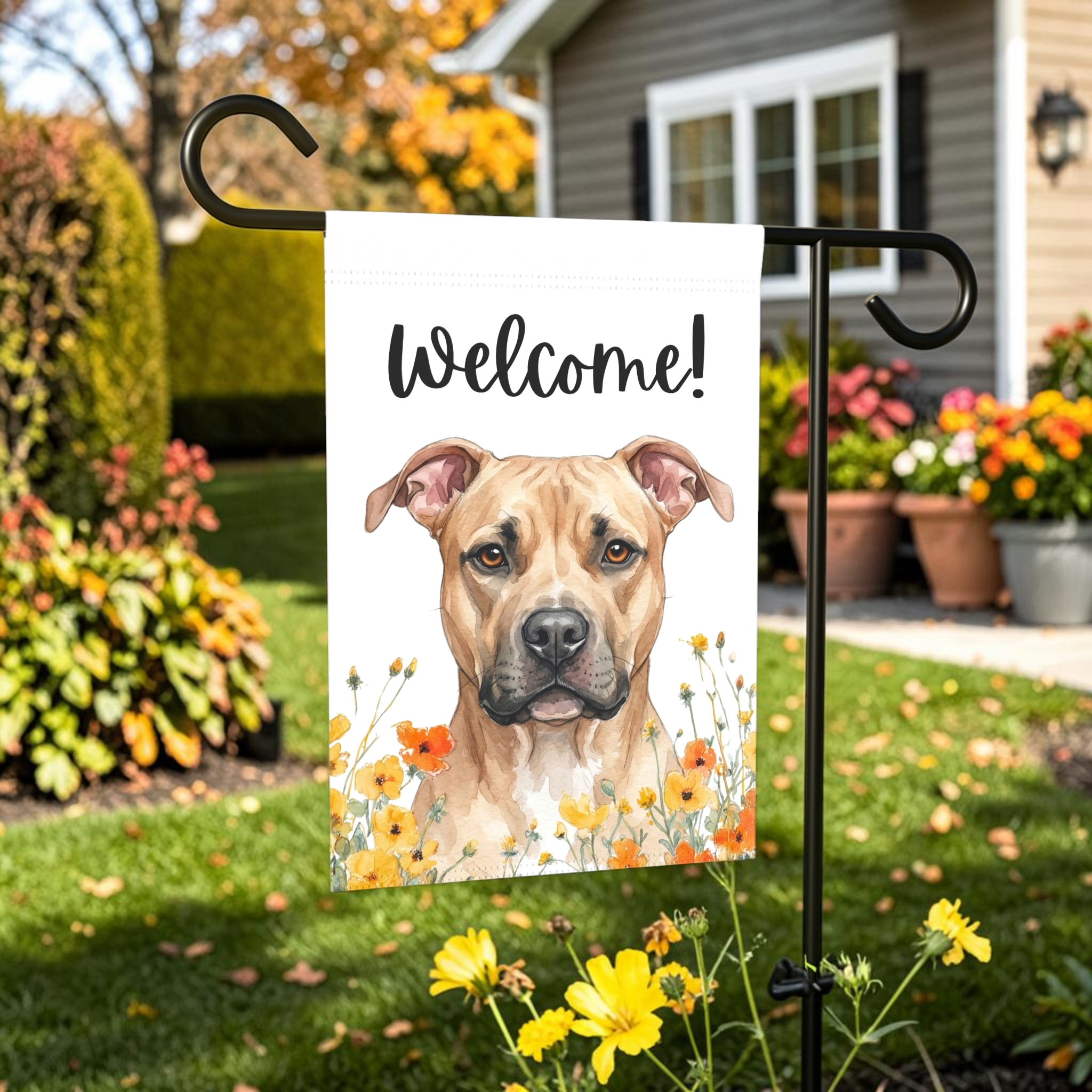 Yellow Poppies Fawn American Pitbull Terrier Welcome Garden Flag - lifestyle display - Dragonfire Gardens