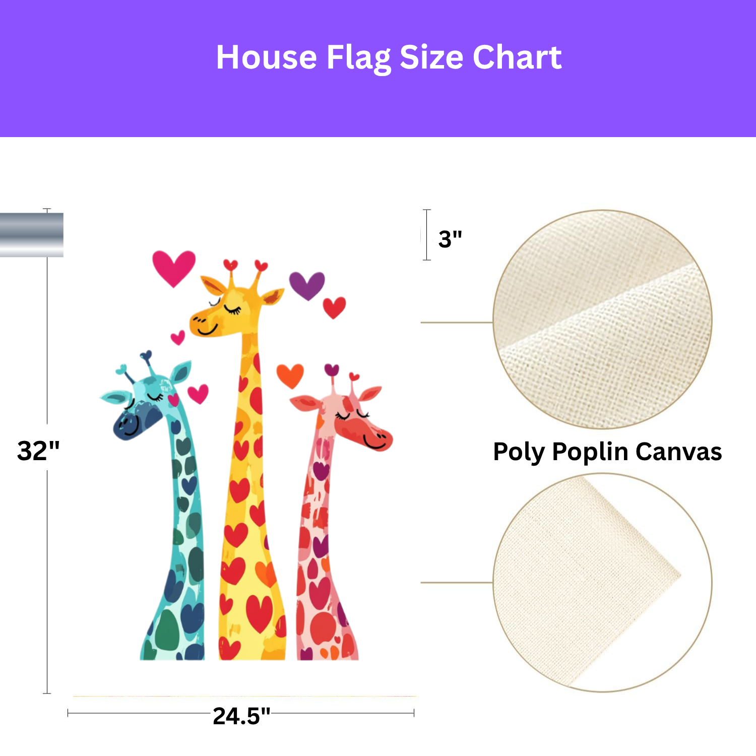 Three Colorful Giraffes with Hearts Garden Flag - size comparison - Dragonfire Gardens