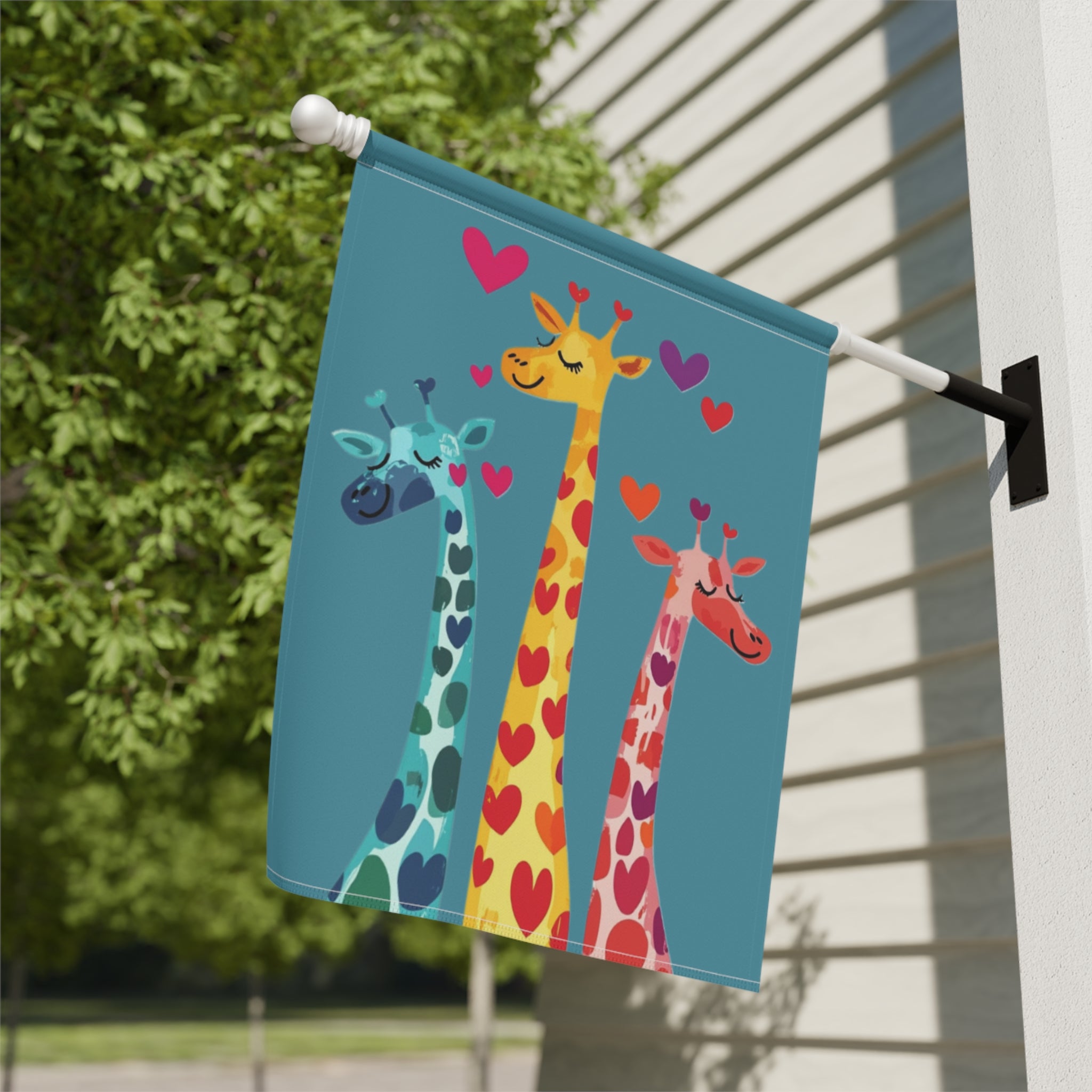 Three Colorful Giraffes with Hearts Garden Flag - yard display - Dragonfire Gardens