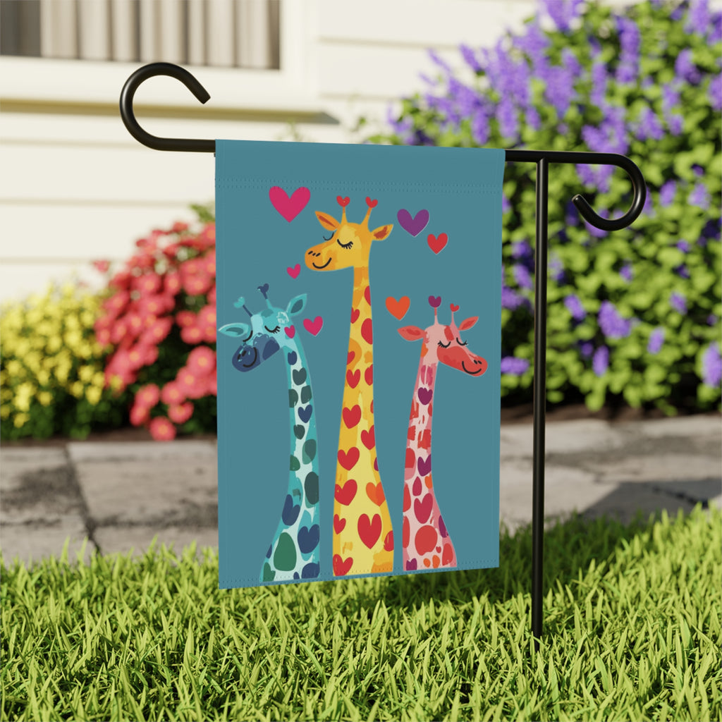 Three Colorful Giraffes with Hearts Garden Flag - close-up detail - Dragonfire Gardens
