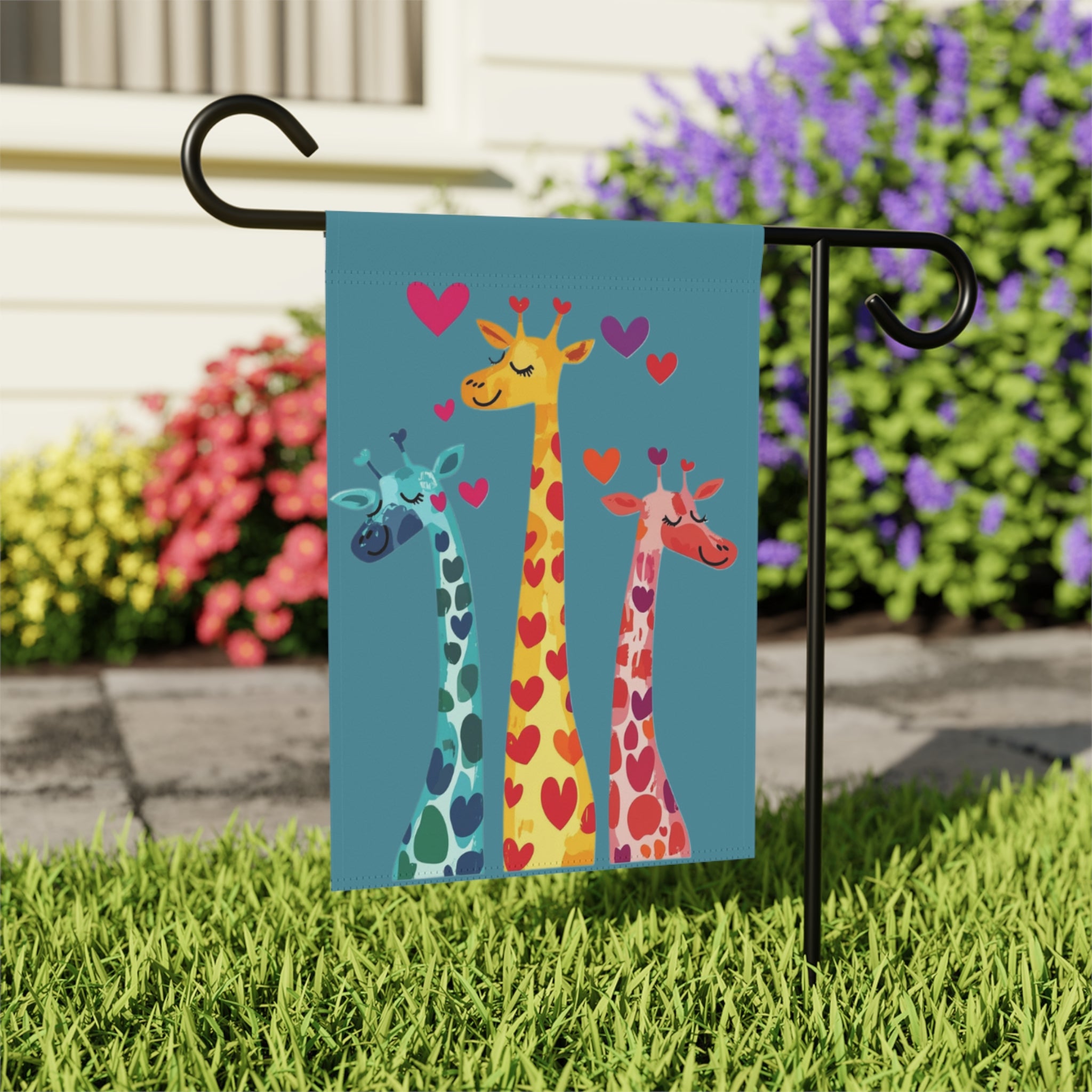 Three Colorful Giraffes with Hearts Garden Flag - close-up detail - Dragonfire Gardens