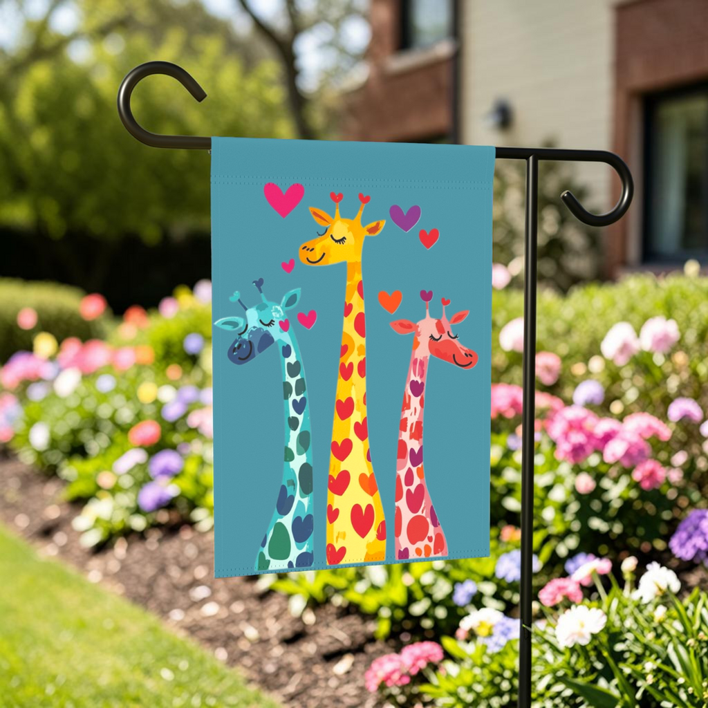 Three Colorful Giraffes with Hearts Garden Flag - lifestyle display - Dragonfire Gardens