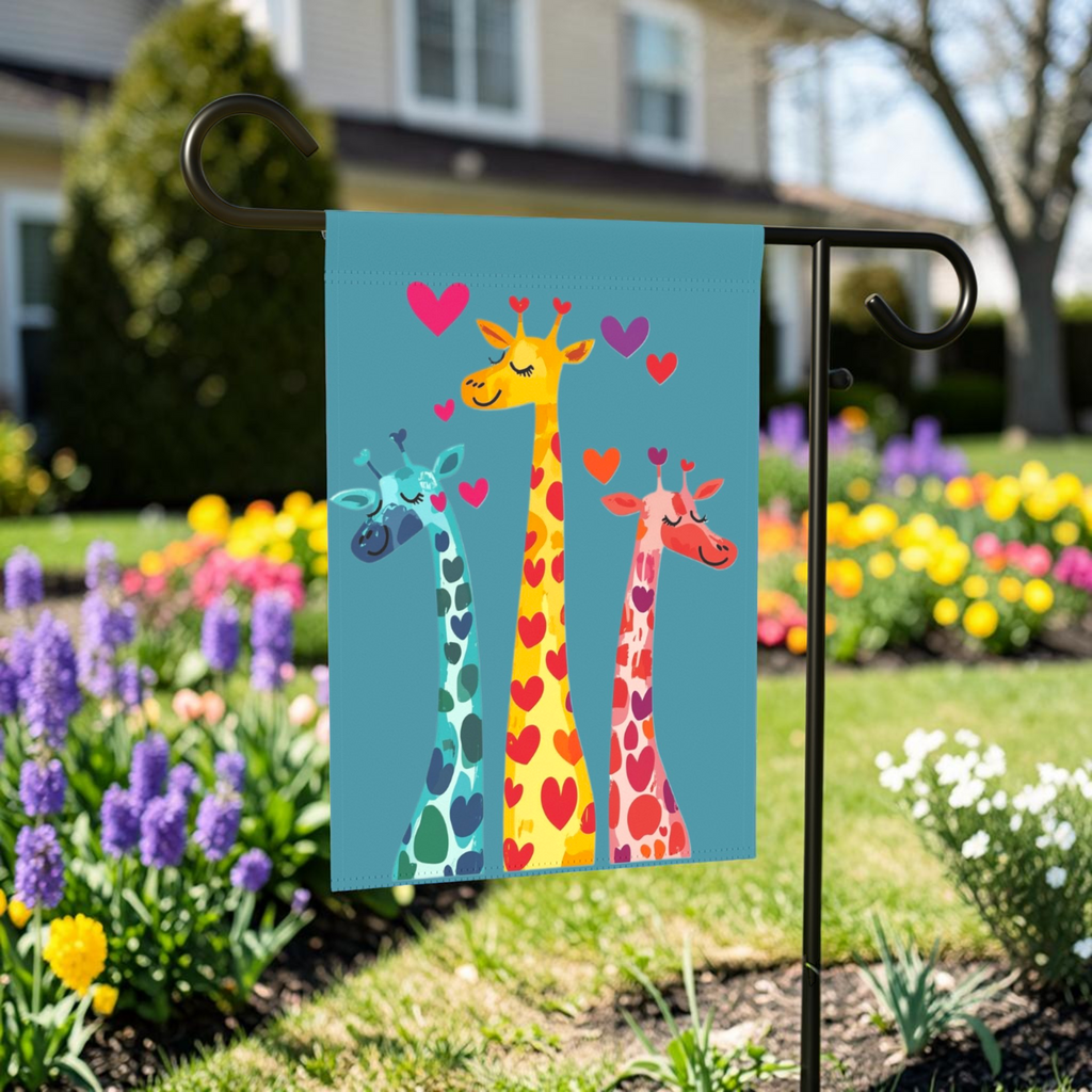 Three Colorful Giraffes with Hearts Garden Flag - front view - Dragonfire Gardens