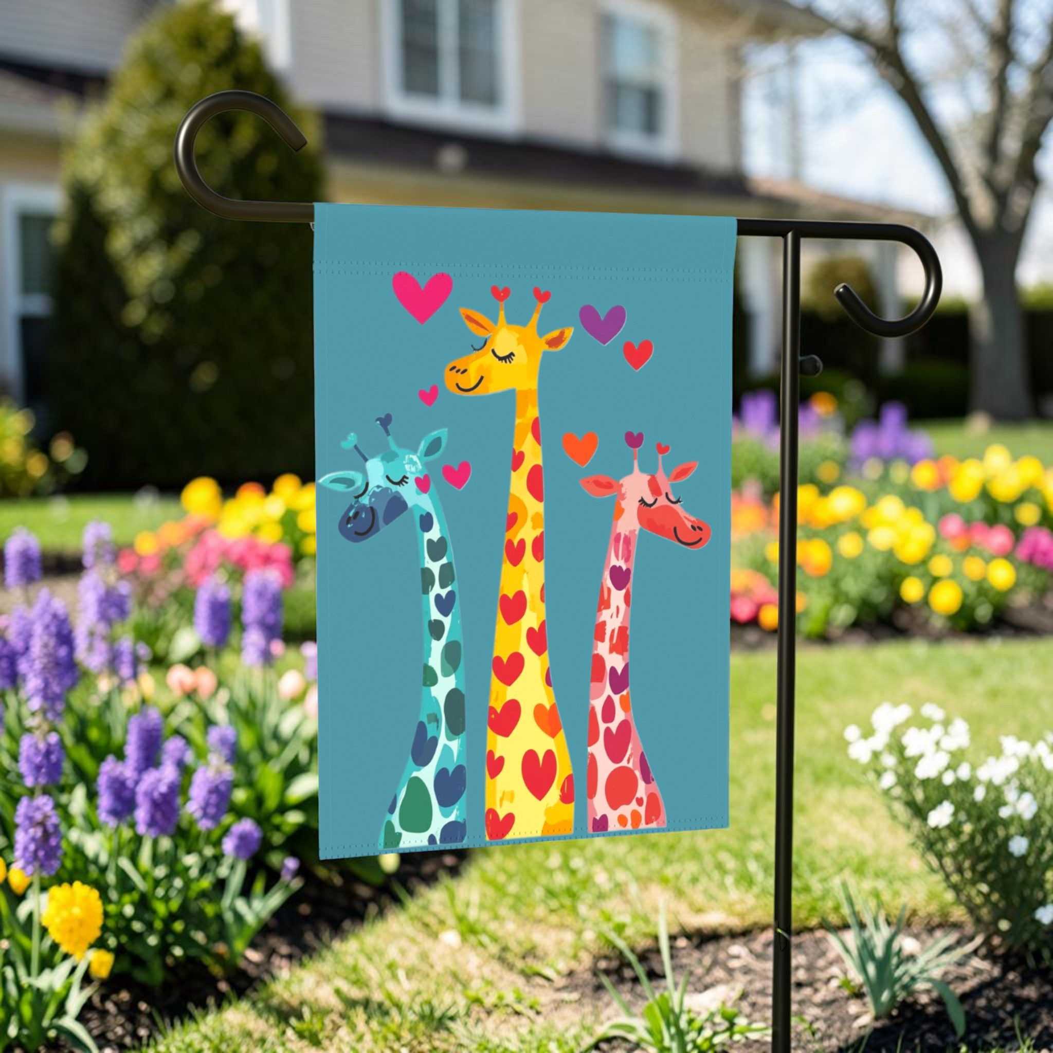 Three Colorful Giraffes with Hearts Garden Flag - front view - Dragonfire Gardens