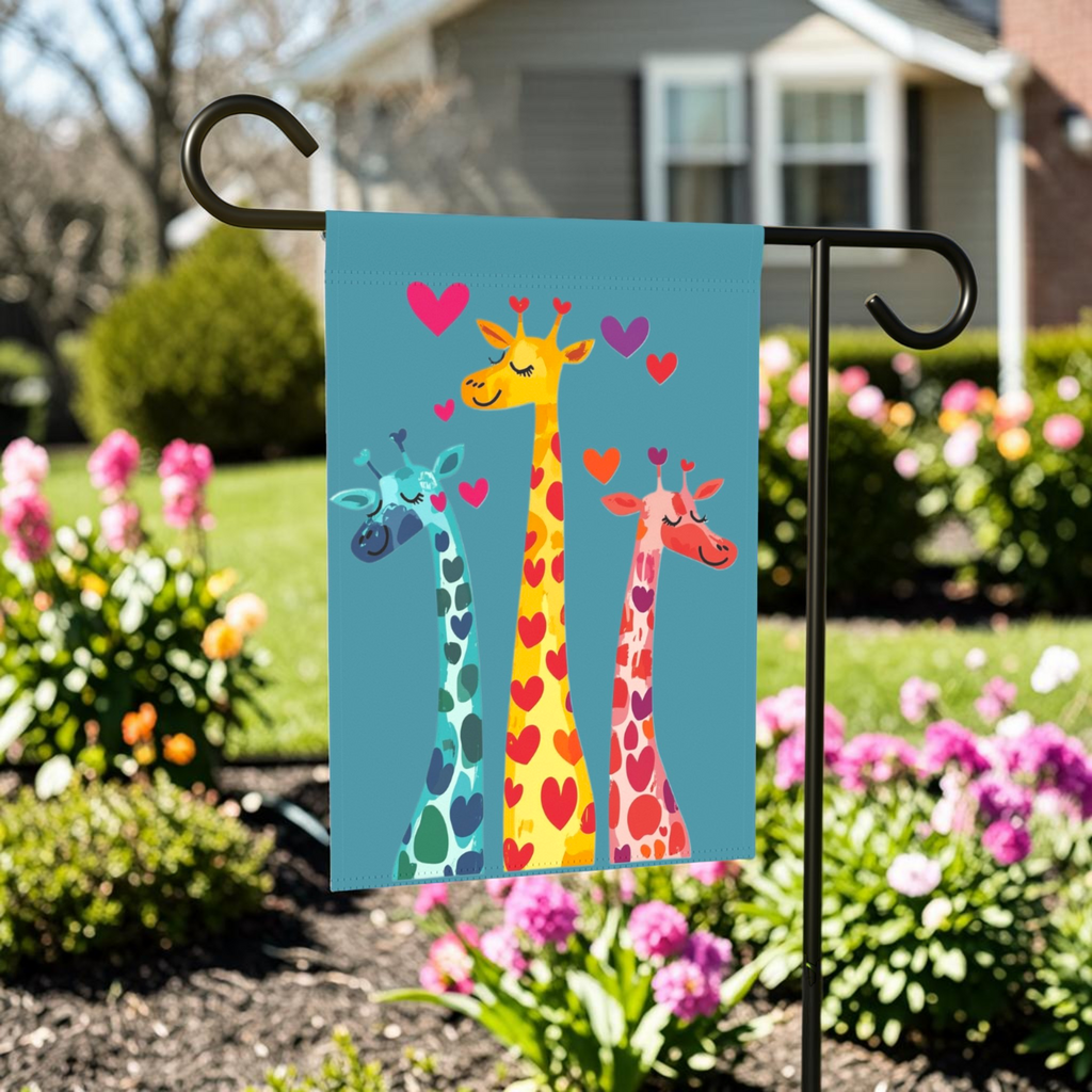 Three Colorful Giraffes with Hearts Garden Flag - outdoor display - Dragonfire Gardens