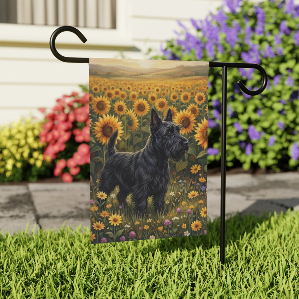 Sunflower Field Scottish Terrier Garden Flag - close-up detail - Dragonfire Gardens