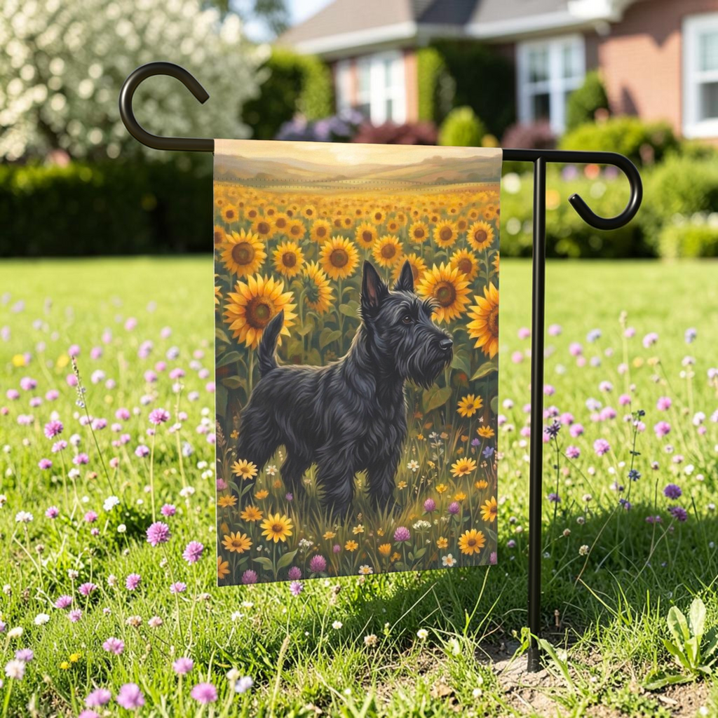 Sunflower Field Scottish Terrier Garden Flag - front view - Dragonfire Gardens