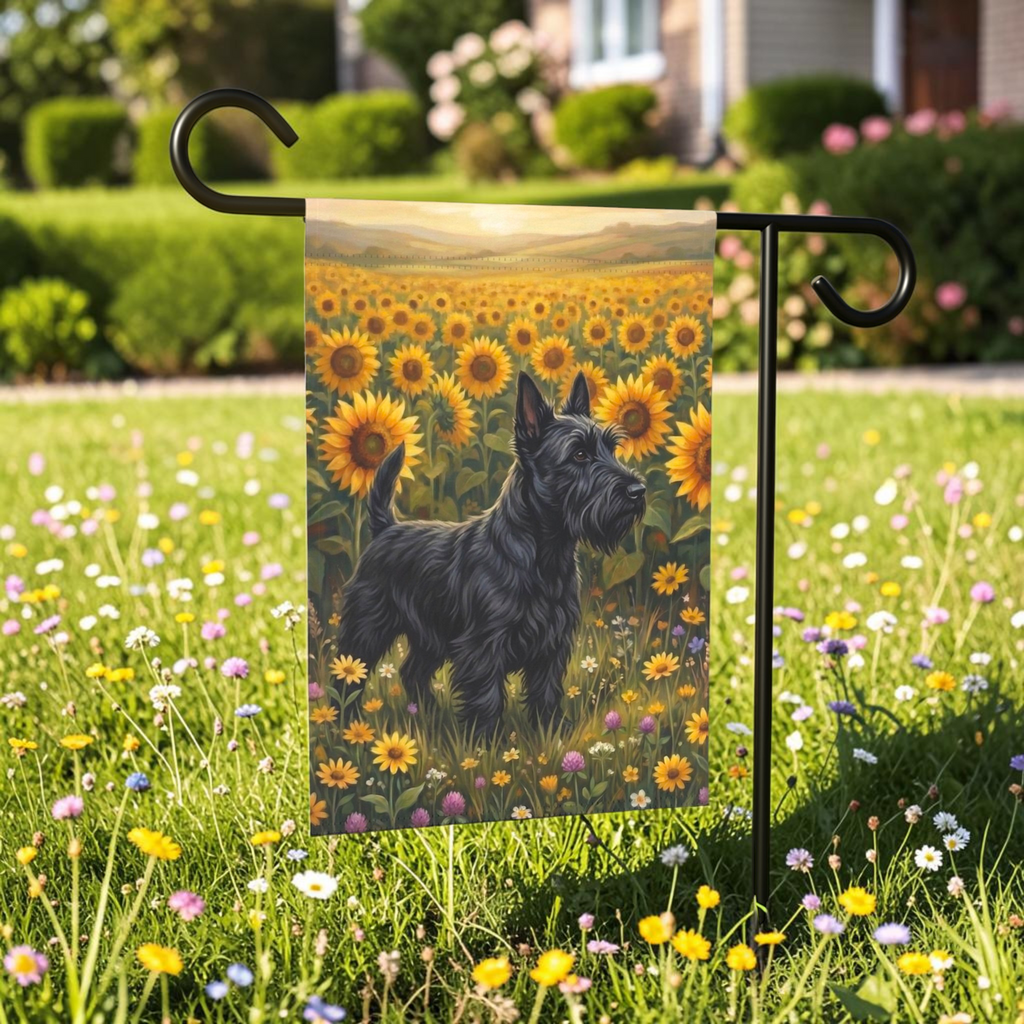 Sunflower Field Scottish Terrier Garden Flag - outdoor display - Dragonfire Gardens