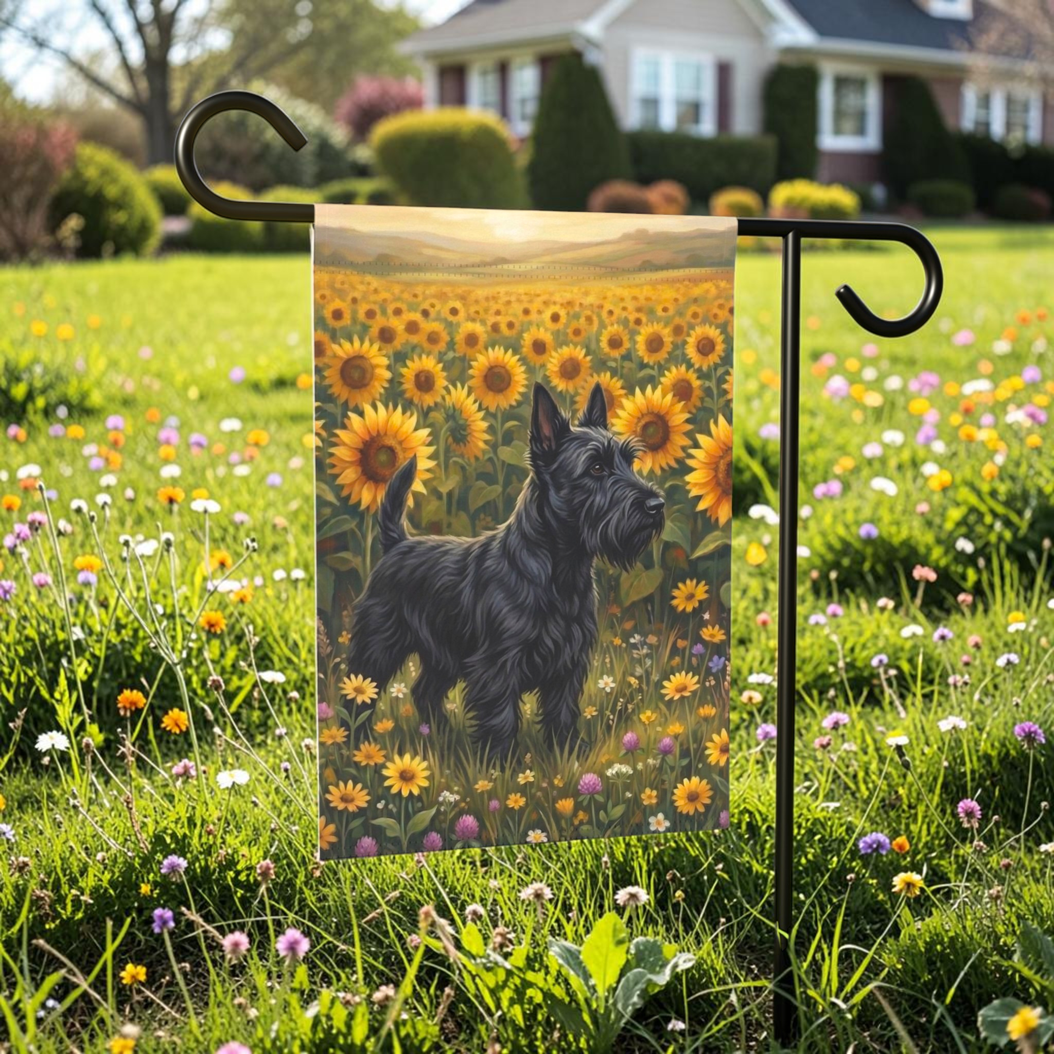 Sunflower Field Scottish Terrier Garden Flag - lifestyle display - Dragonfire Gardens