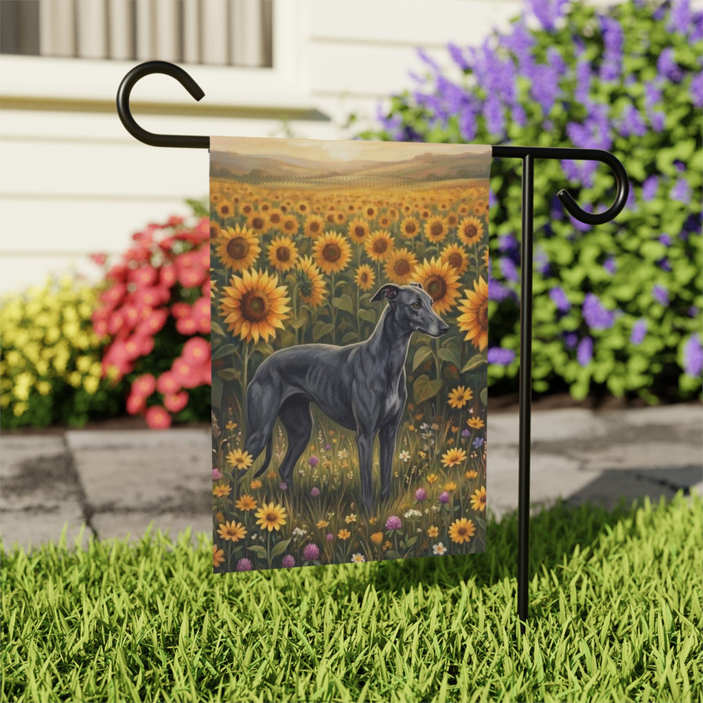 Sunflower Field Greyhound Garden Flag - close-up detail - Dragonfire Gardens