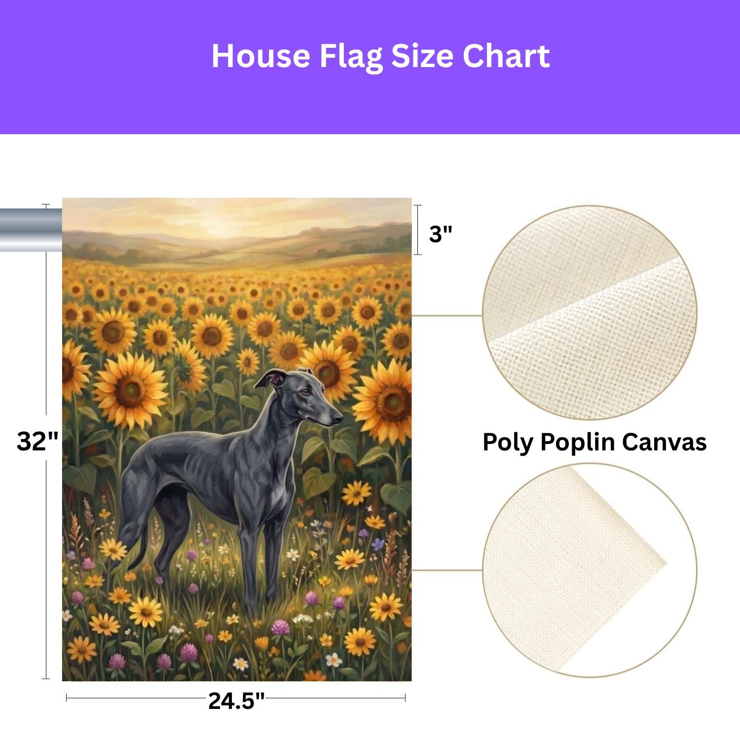 Sunflower Field Greyhound Garden Flag - size comparison - Dragonfire Gardens