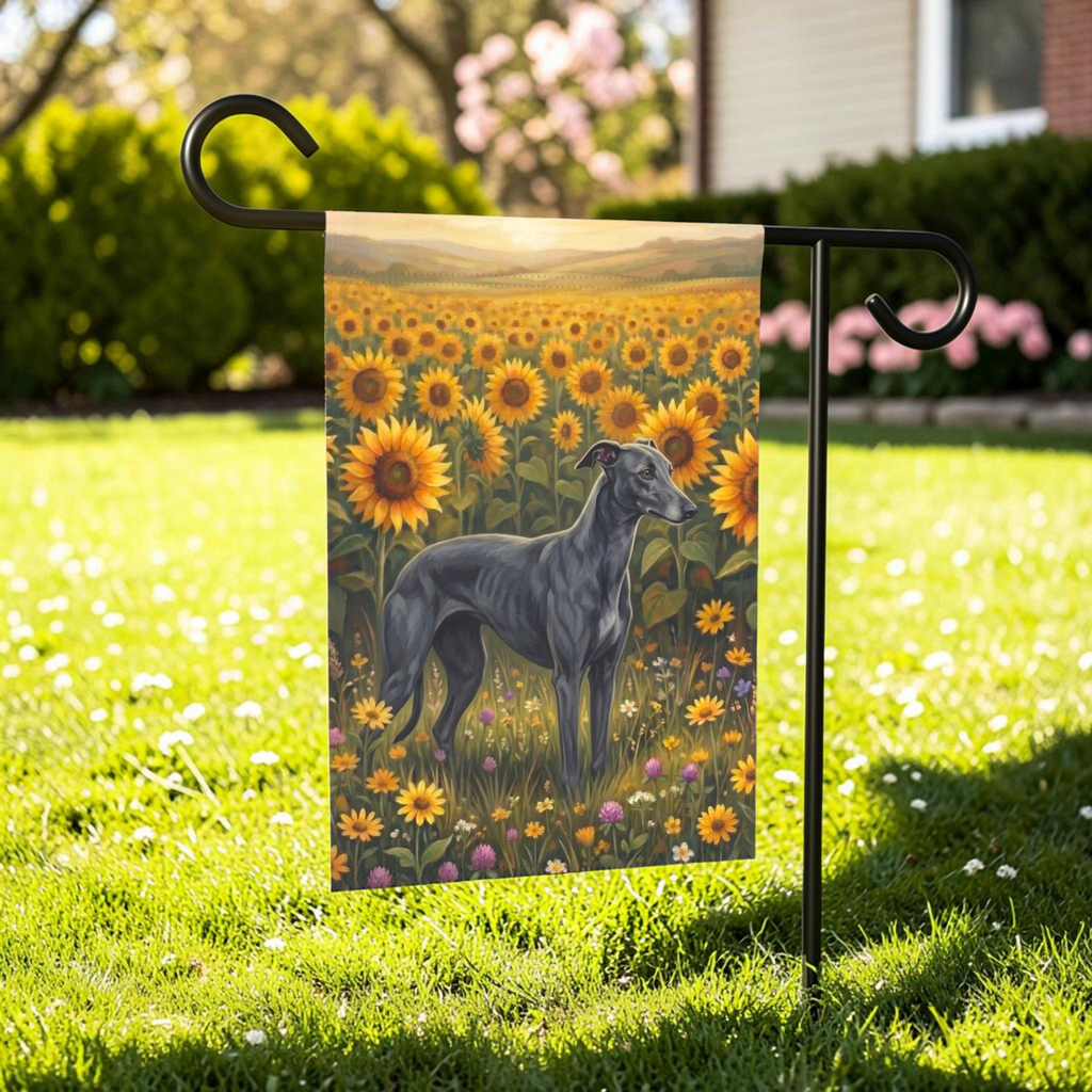 Sunflower Field Greyhound Garden Flag - front view - Dragonfire Gardens