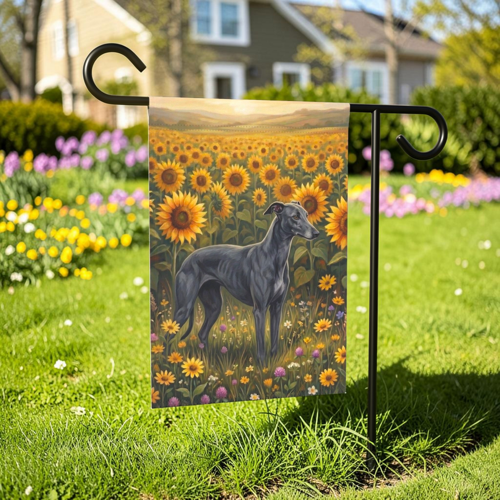 Sunflower Field Greyhound Garden Flag - outdoor display - Dragonfire Gardens