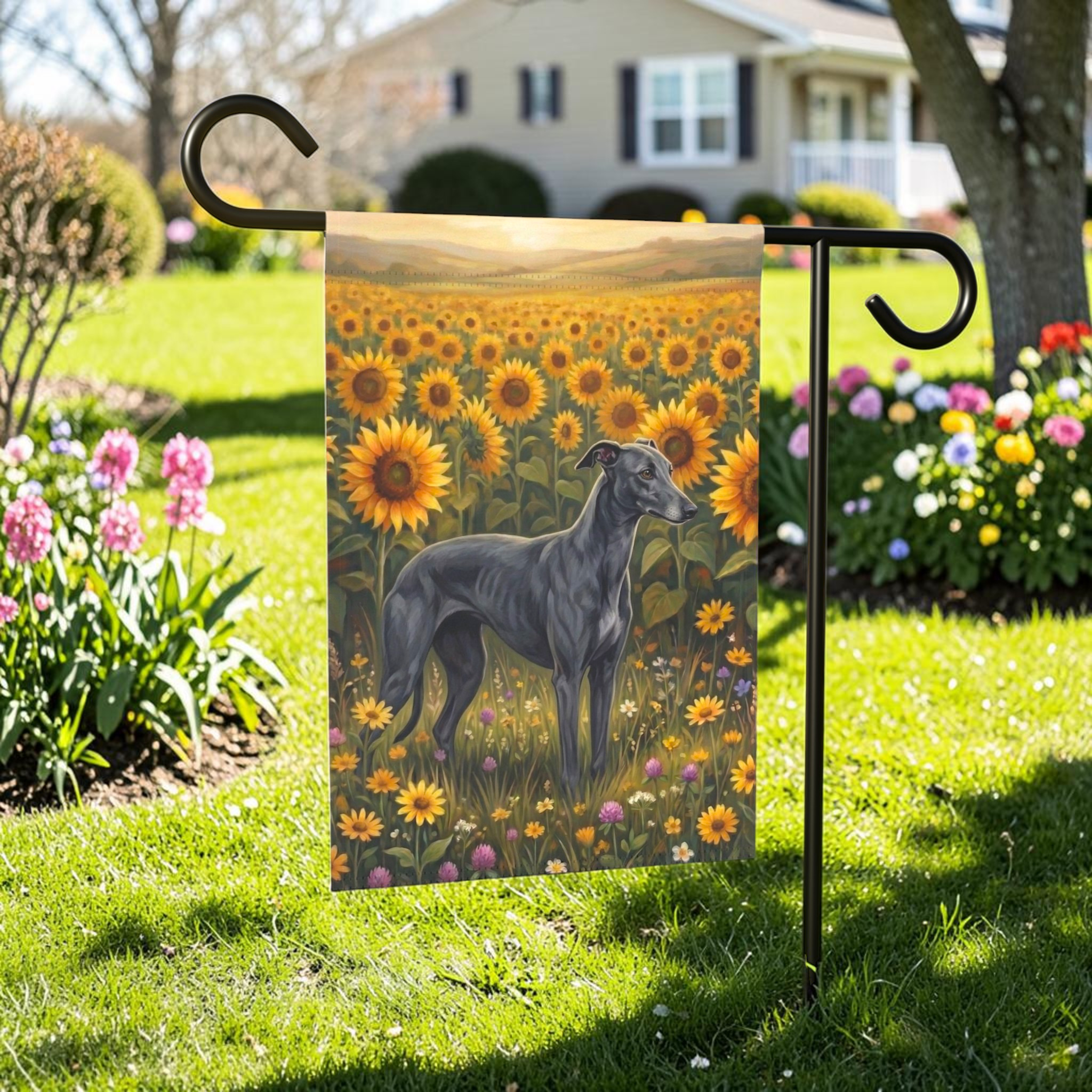 Sunflower Field Greyhound Garden Flag - lifestyle display - Dragonfire Gardens