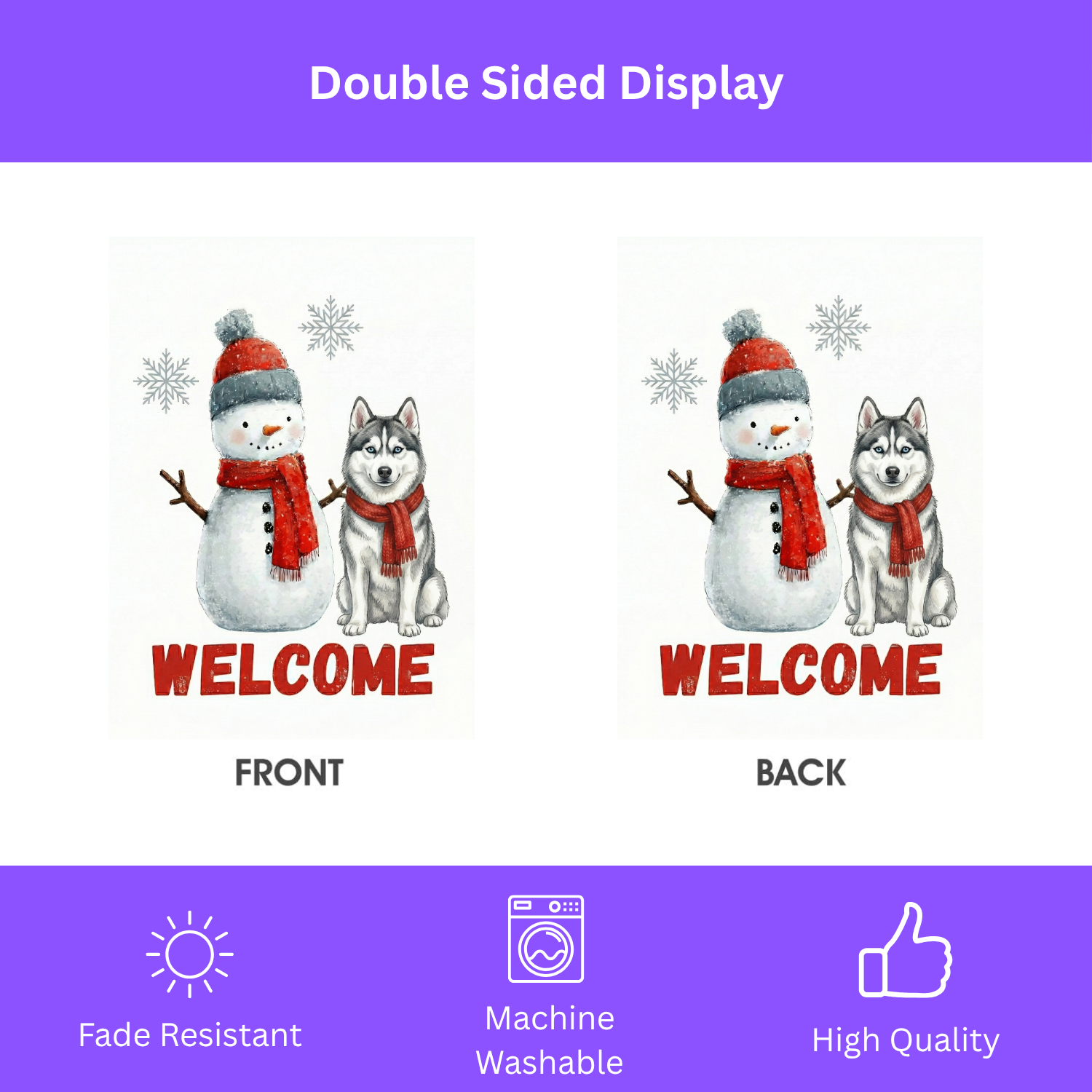 Siberian Husky and Snowman Welcome Garden Flag - porch decor - Dragonfire Gardens