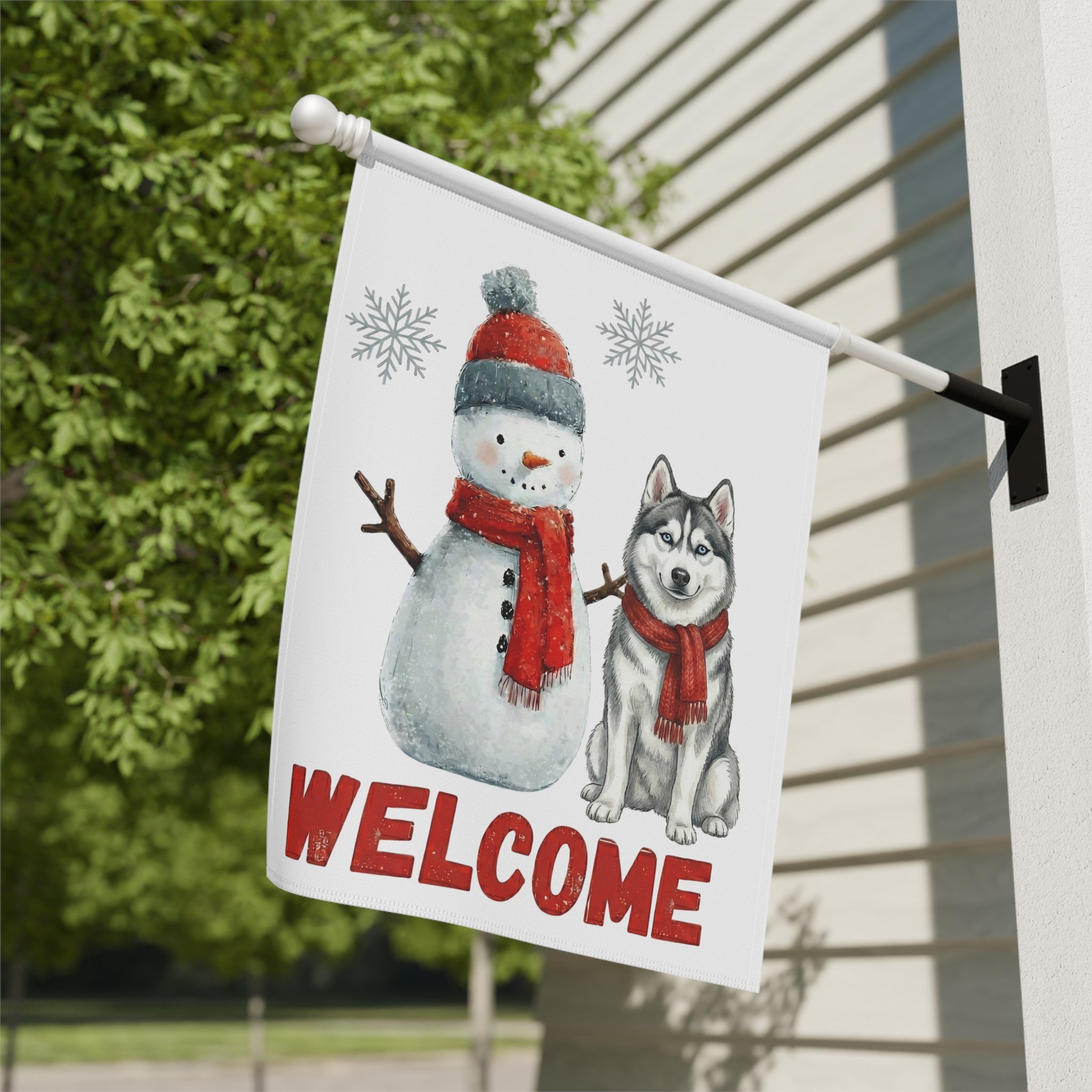 Siberian Husky and Snowman Welcome Garden Flag - yard display - Dragonfire Gardens