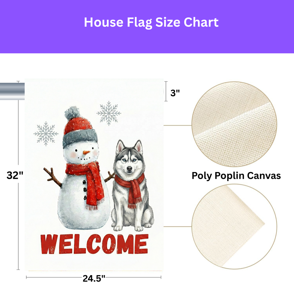 Siberian Husky and Snowman Welcome Garden Flag - size comparison - Dragonfire Gardens