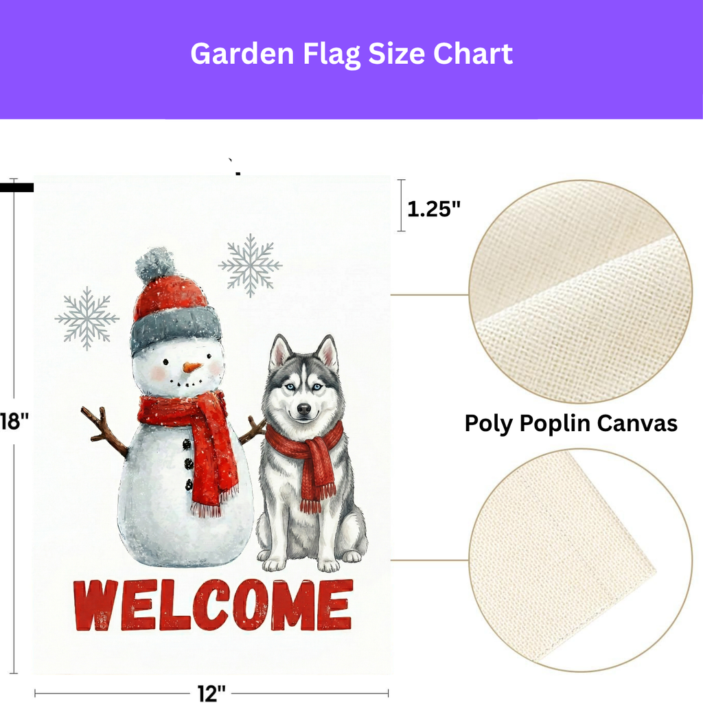 Siberian Husky and Snowman Welcome Garden Flag - double-sided design - Dragonfire Gardens