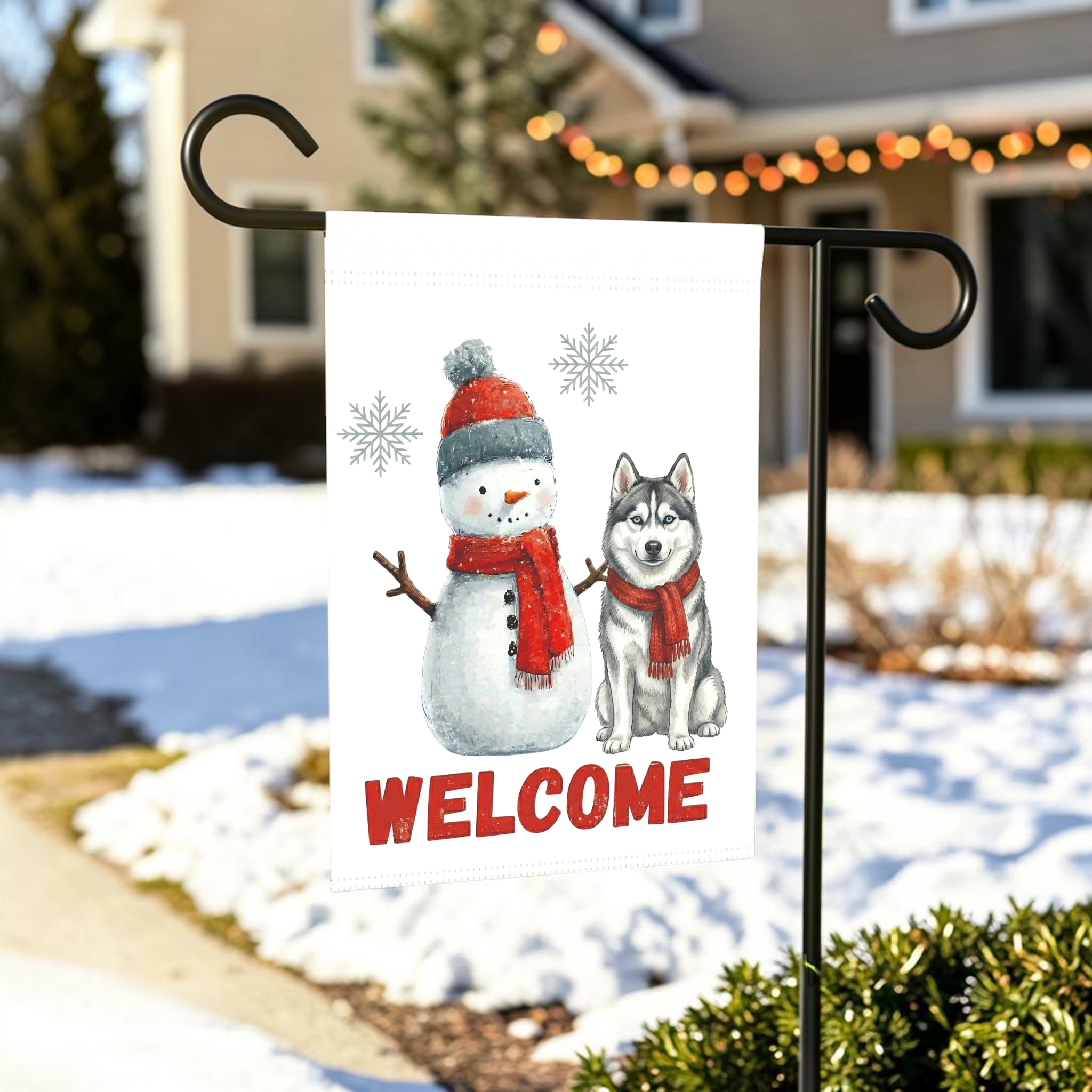 Siberian Husky and Snowman Welcome Garden Flag - front view - Dragonfire Gardens
