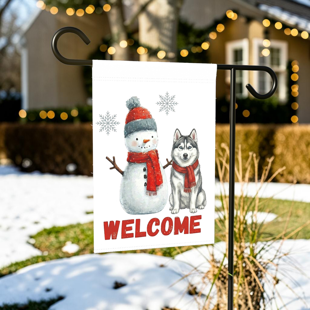 Siberian Husky and Snowman Welcome Garden Flag - lifestyle display - Dragonfire Gardens