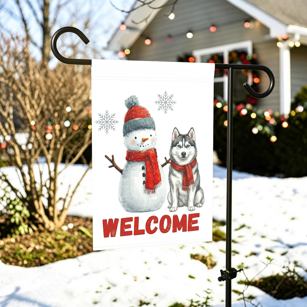 Siberian Husky and Snowman Welcome Garden Flag - outdoor display - Dragonfire Gardens