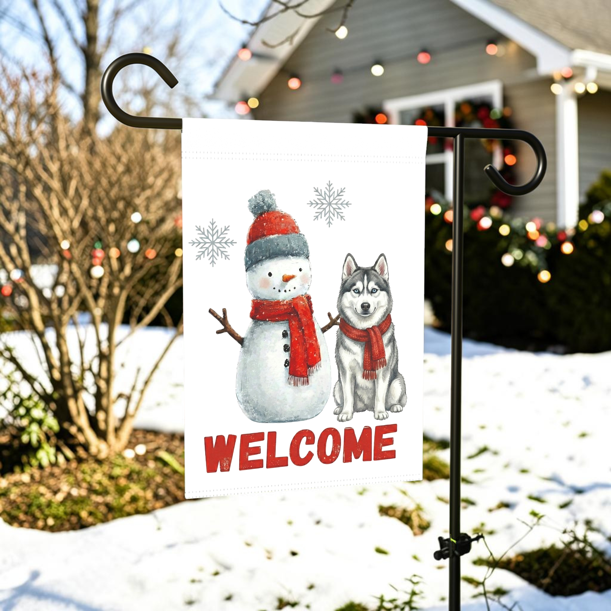 Siberian Husky and Snowman Welcome Garden Flag - outdoor display - Dragonfire Gardens