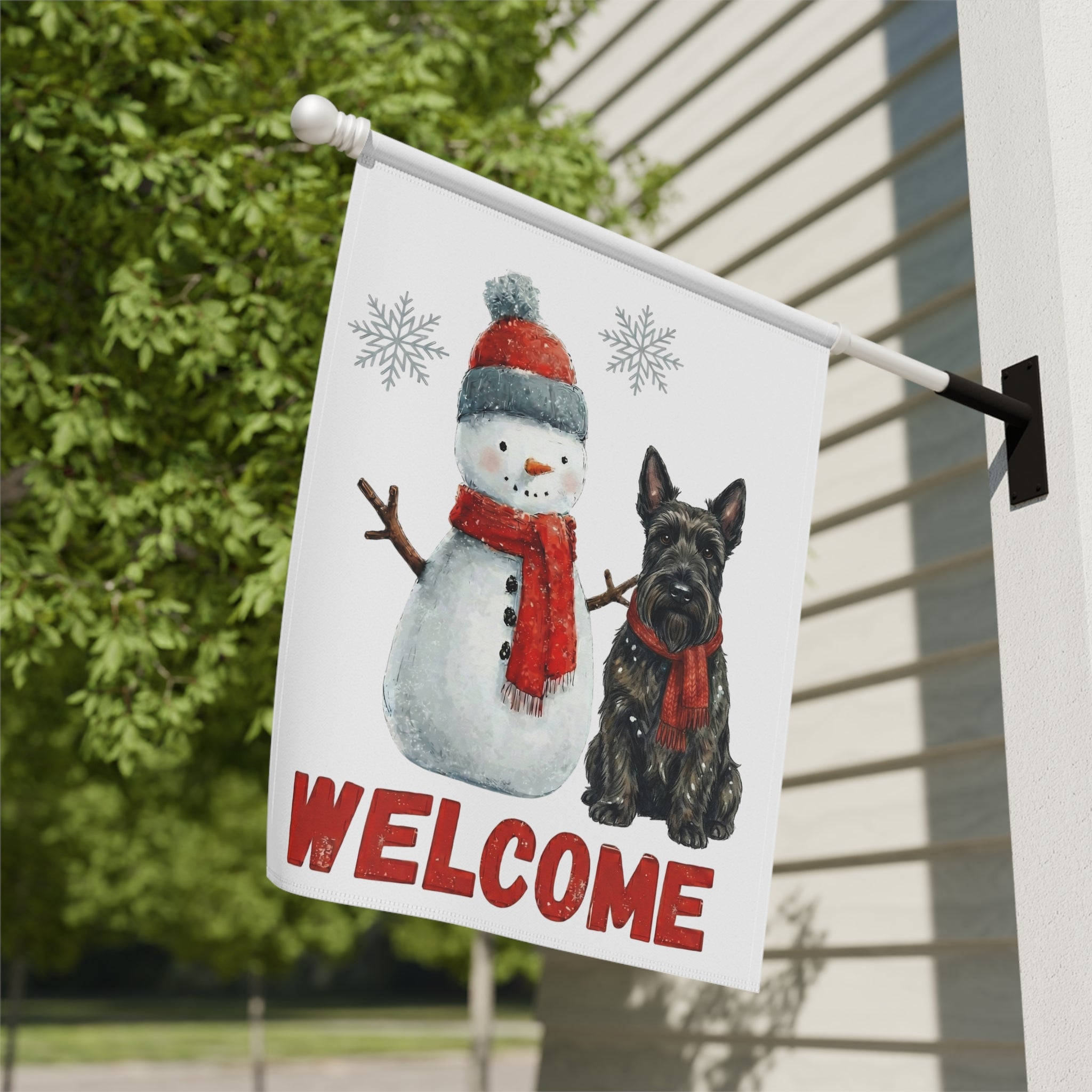Scottish Terrier and Snowman Welcome Garden Flag - yard display - Dragonfire Gardens
