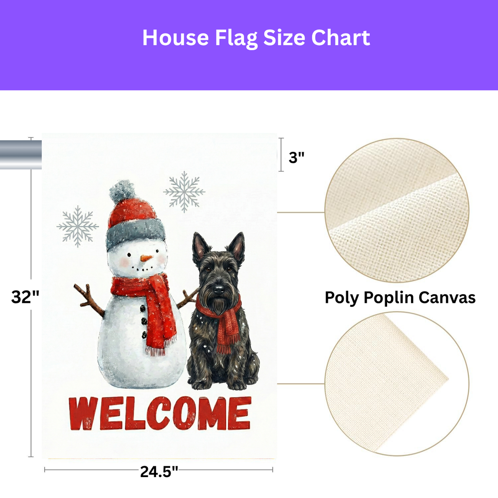 Scottish Terrier and Snowman Welcome Garden Flag - size comparison - Dragonfire Gardens