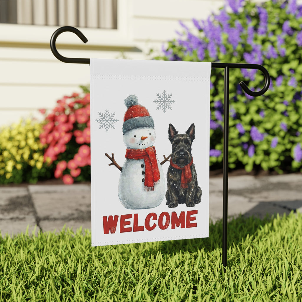 Scottish Terrier and Snowman Welcome Garden Flag - close-up detail - Dragonfire Gardens
