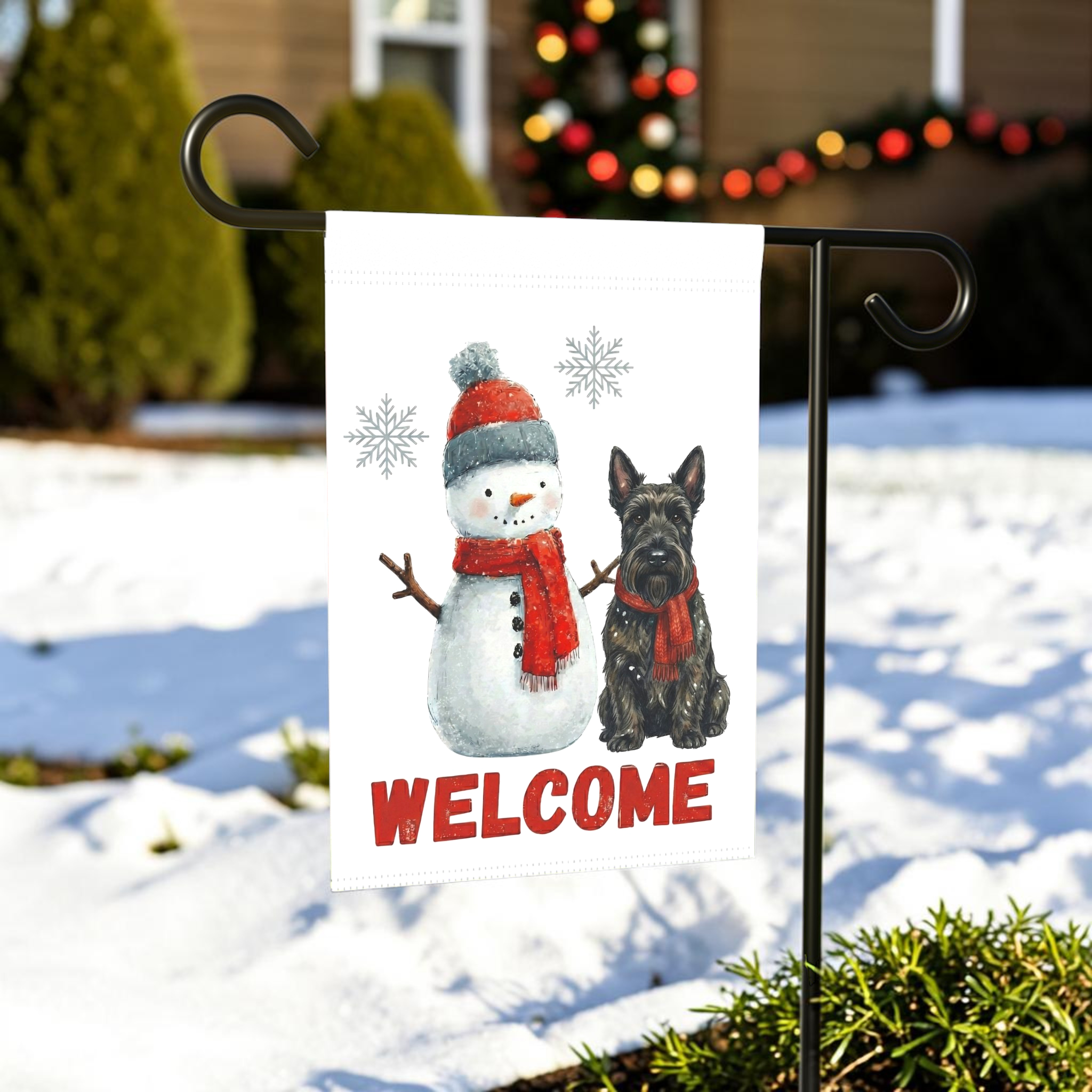 Scottish Terrier and Snowman Welcome Garden Flag - outdoor display - Dragonfire Gardens