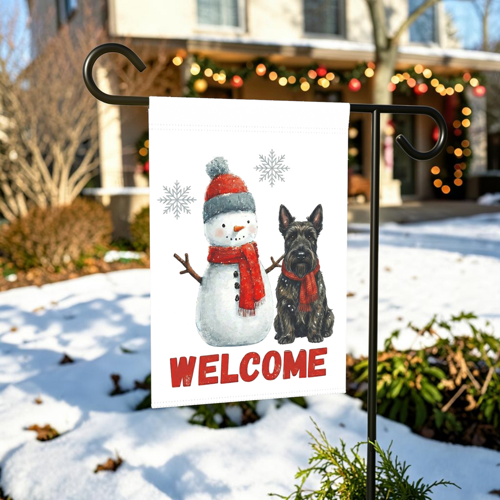 Scottish Terrier and Snowman Welcome Garden Flag - lifestyle display - Dragonfire Gardens