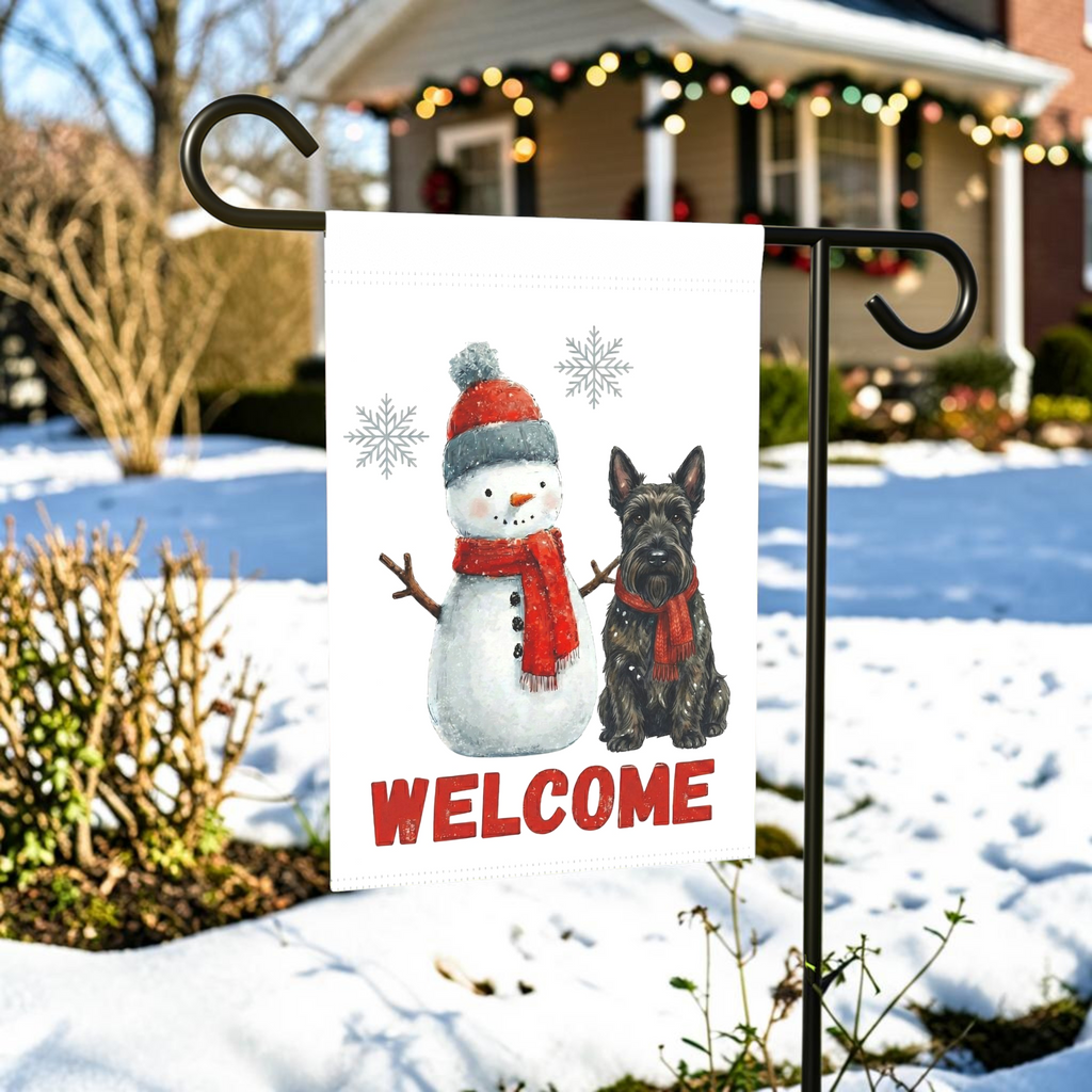 Scottish Terrier and Snowman Welcome Garden Flag - front view - Dragonfire Gardens