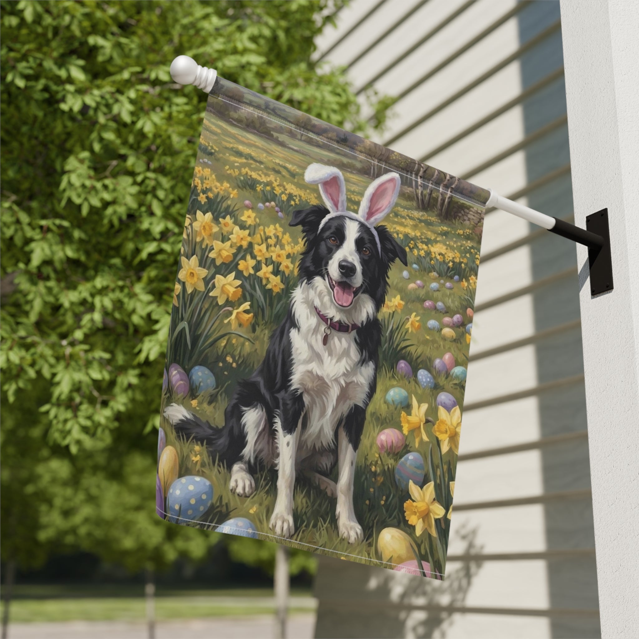 Pink Bunny Ears Border Collie Easter Garden Flag