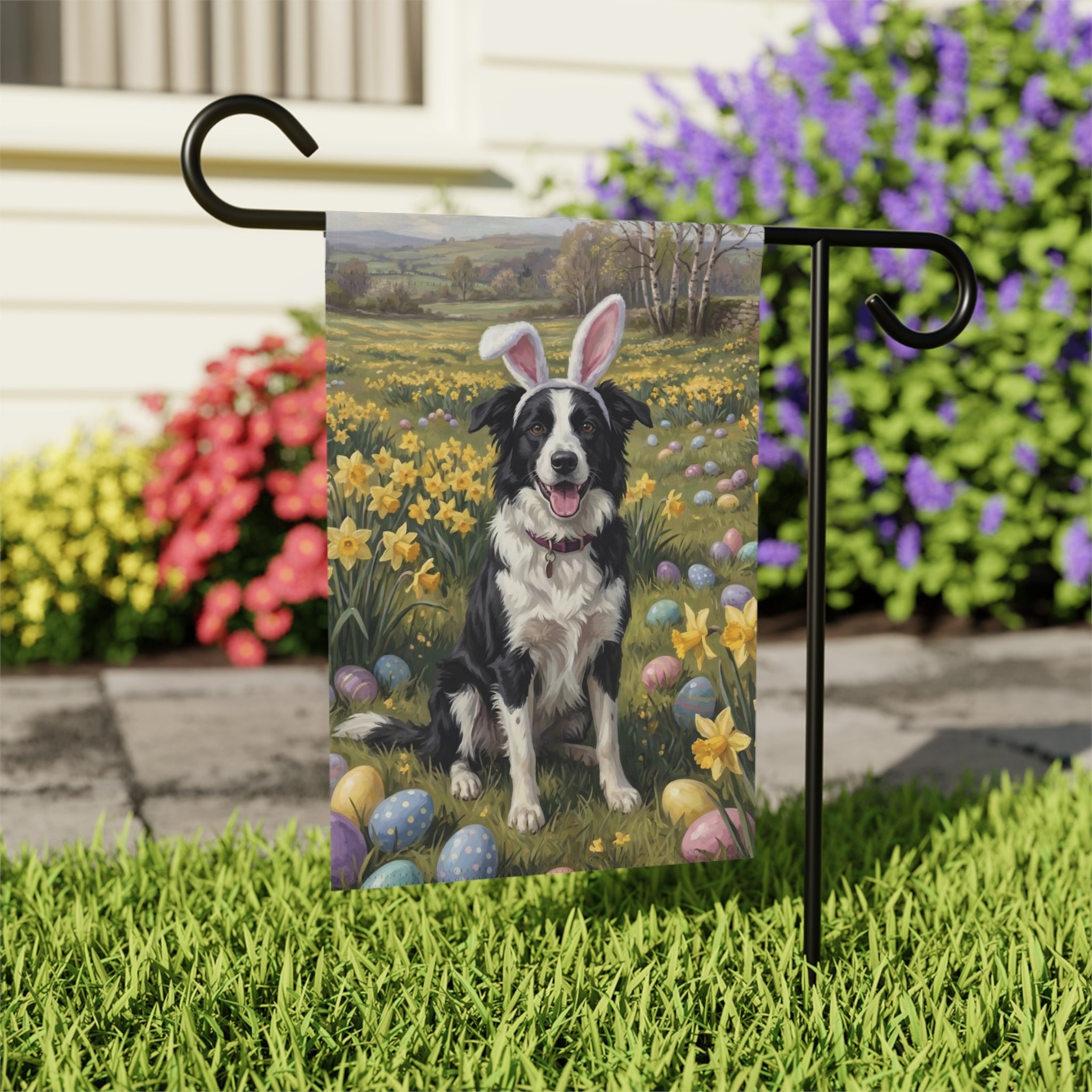 Pink Bunny Ears Border Collie Easter Garden Flag