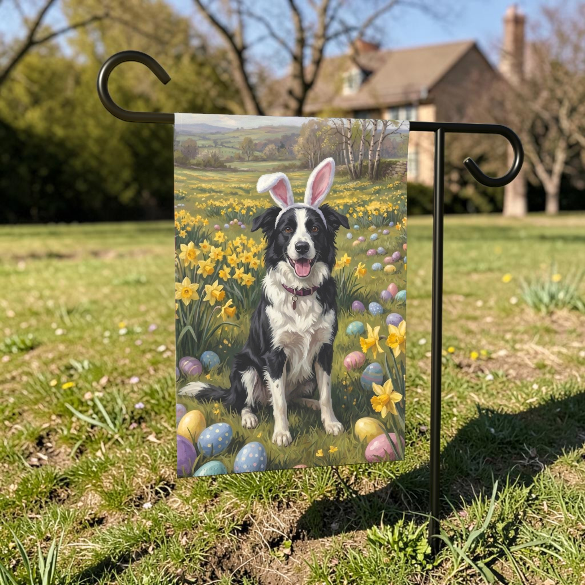 Pink Bunny Ears Border Collie Easter Garden Flag