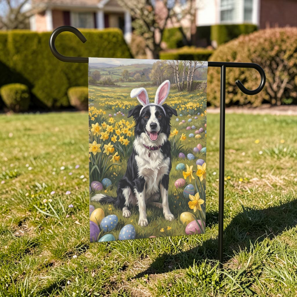 Pink Bunny Ears Border Collie Easter Garden Flag - lifestyle display - Dragonfire Gardens