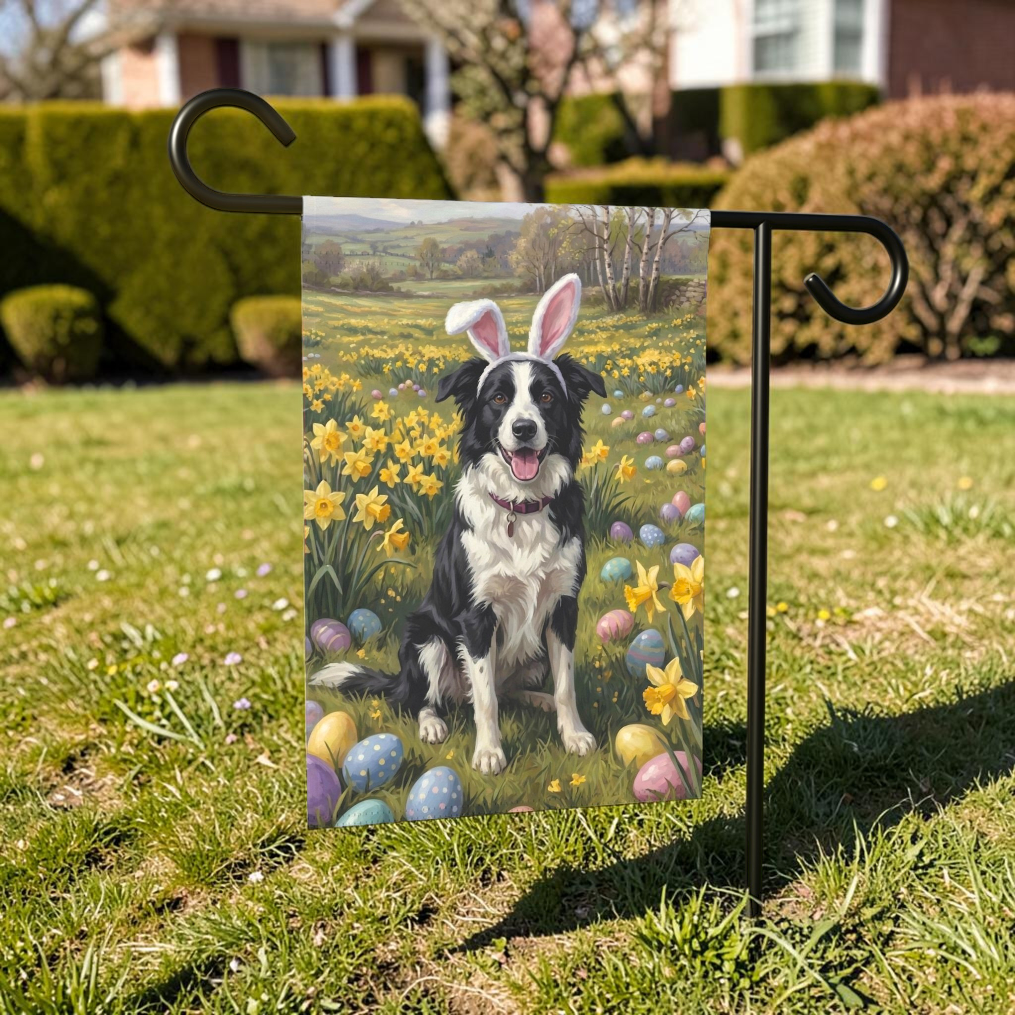 Pink Bunny Ears Border Collie Easter Garden Flag - lifestyle display - Dragonfire Gardens
