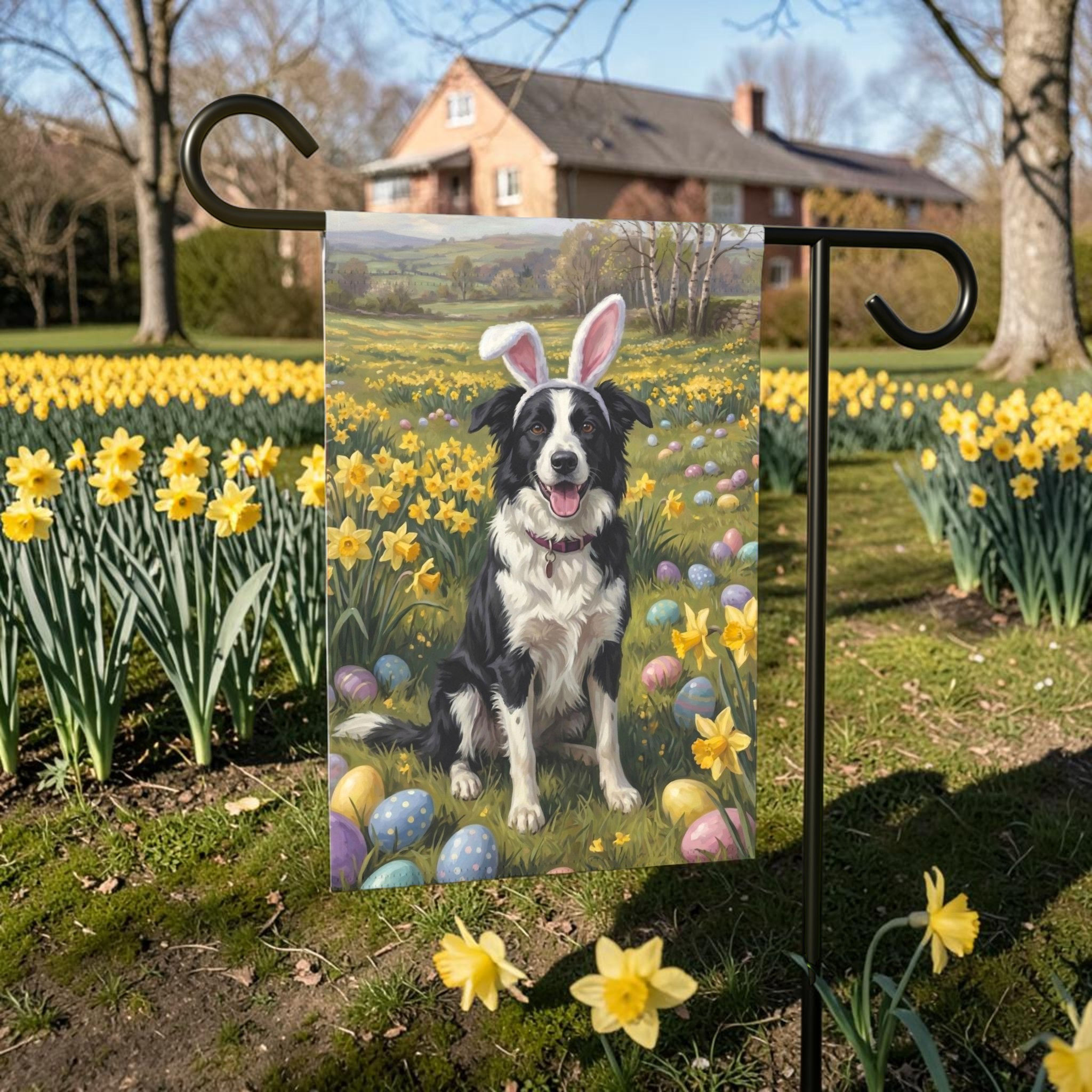 Pink Bunny Ears Border Collie Easter Garden Flag