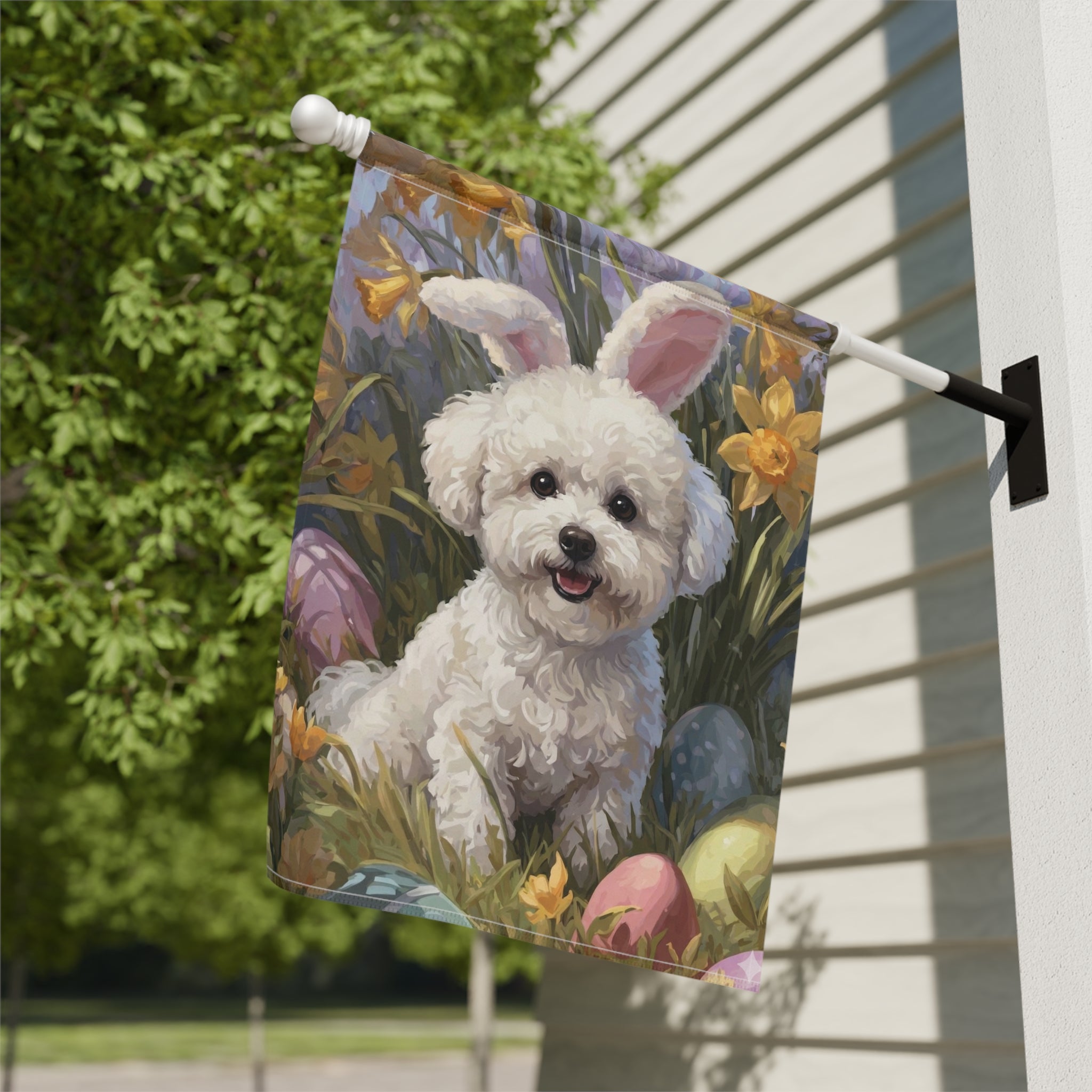 Pink Bunny Ears Bichon Frise Easter Garden Flag